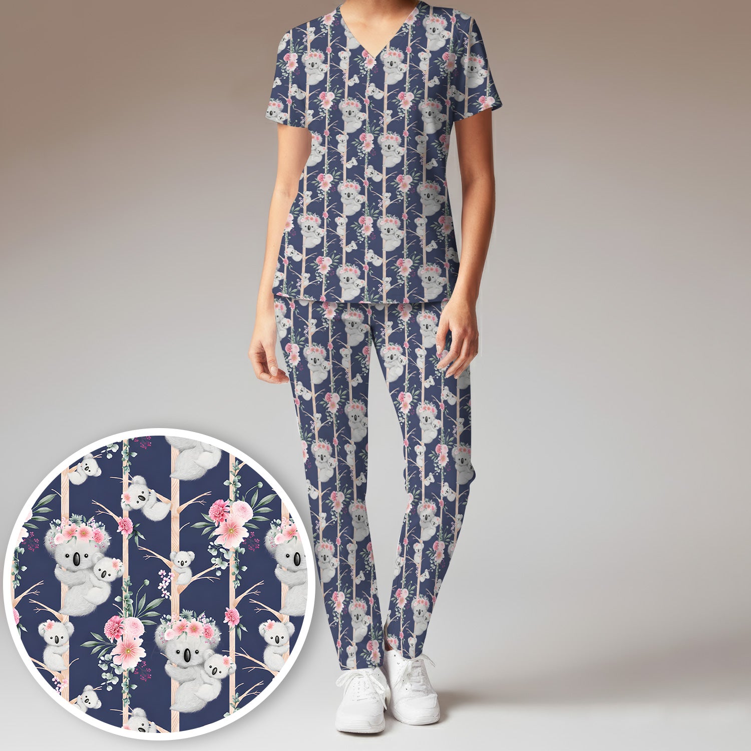 Cute Koala Climbing Tree Blossom Pattern Nurse Scrub Set, Scrub Pants and V Neck Top