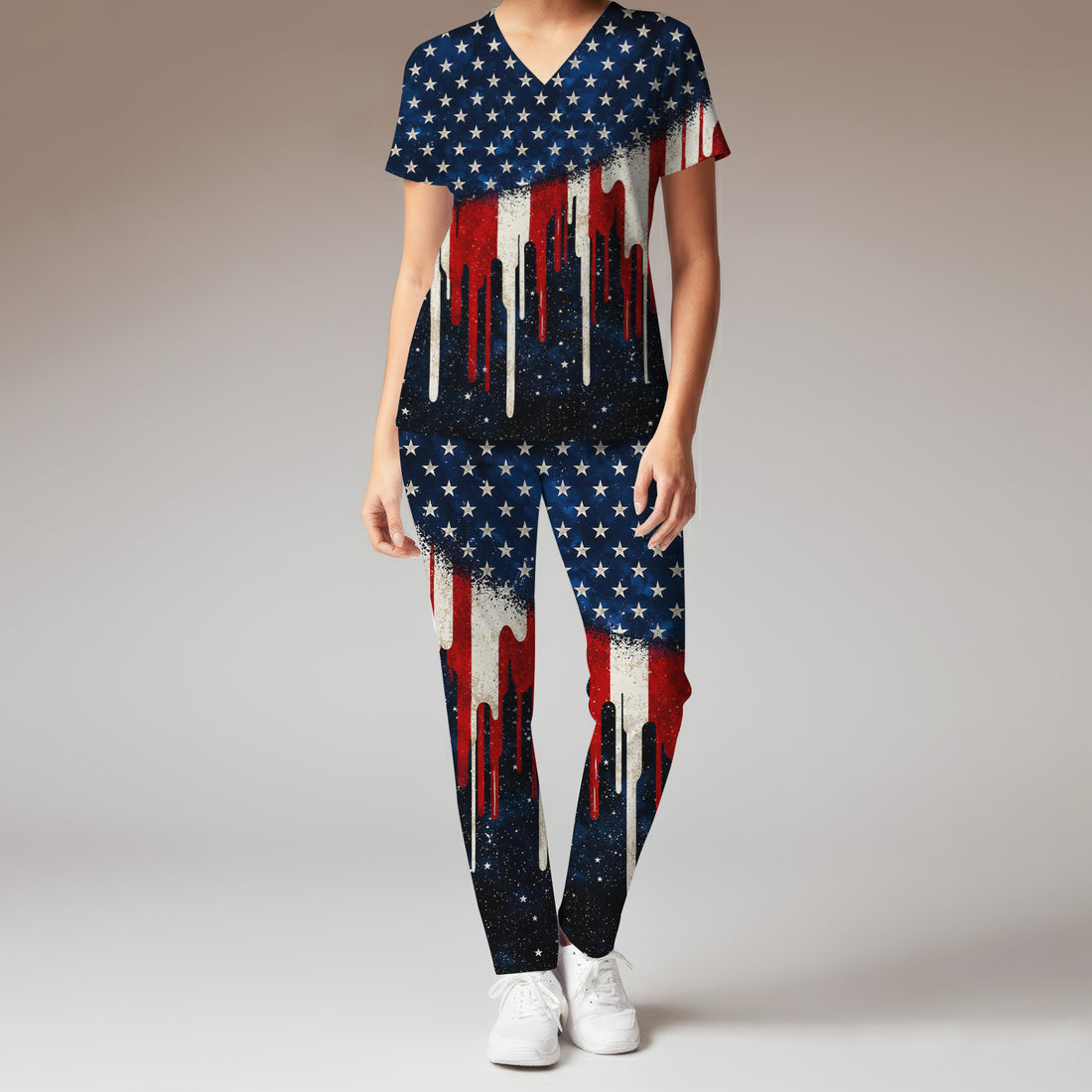 Festive Patriotic Dripping Flag Pattern Scrub Set, Scrub Pants and V Neck Top