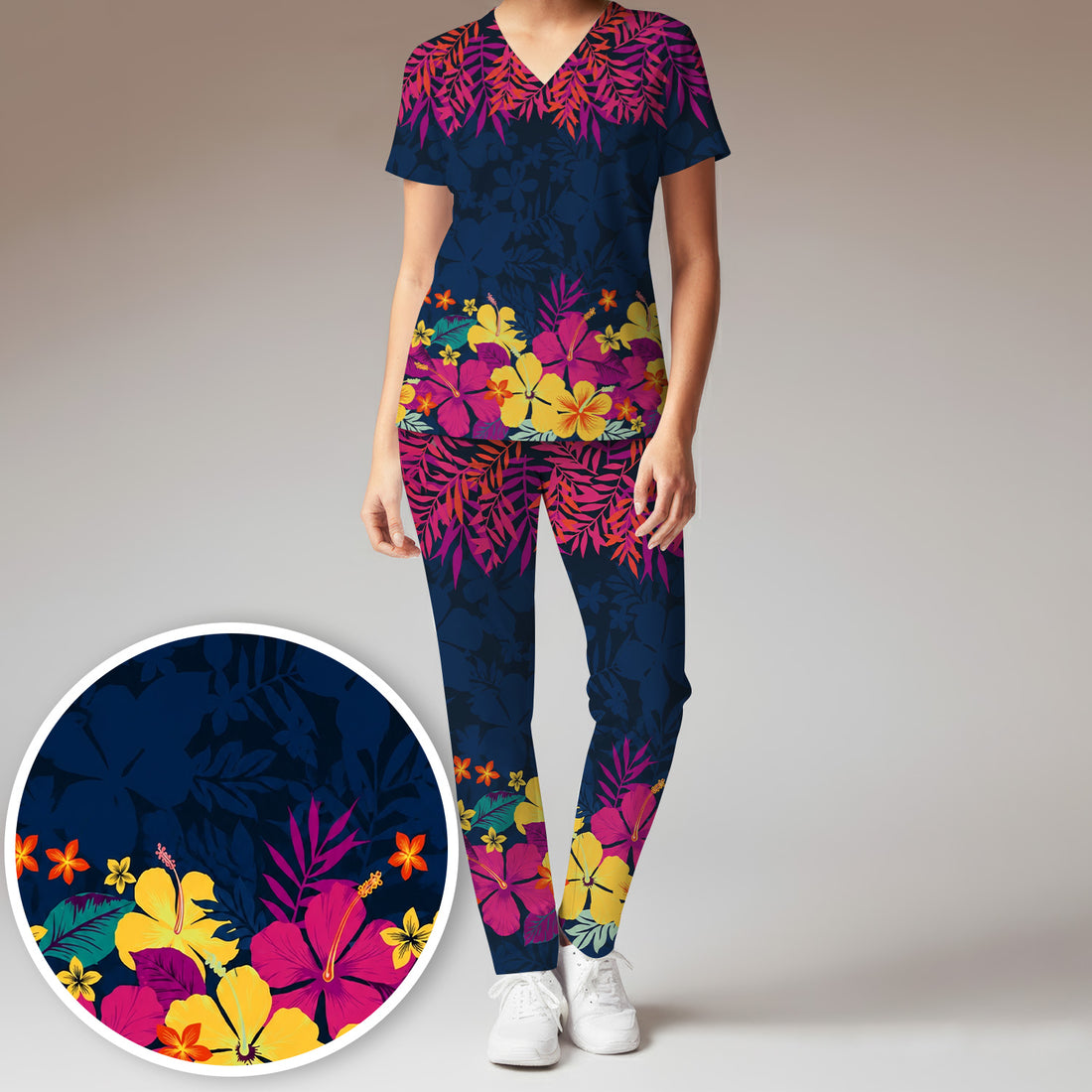 Tropical Hibiscus Palm Leaf Pattern Scrub Set, Scrub Pants and V Neck Top