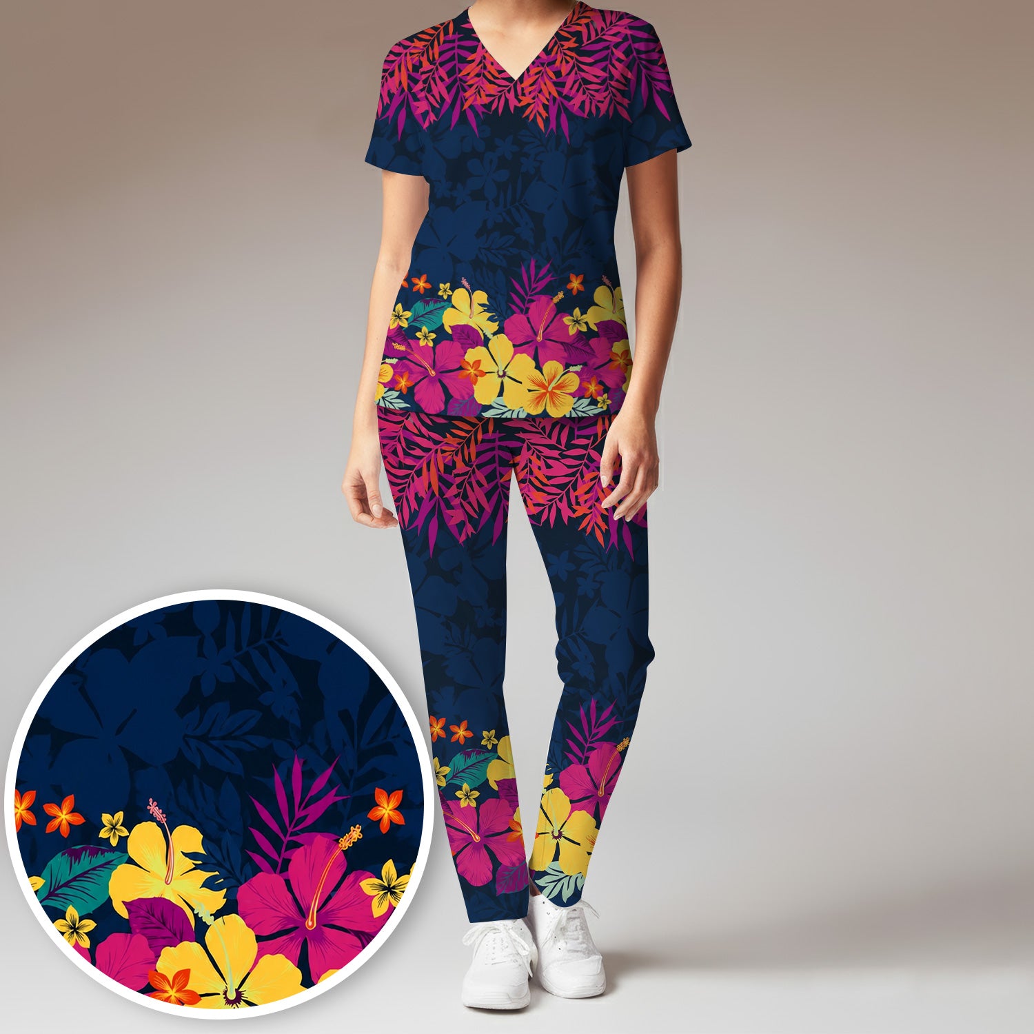 Tropical Hibiscus Palm Leaf Pattern Scrub Set, Scrub Pants and V Neck Top