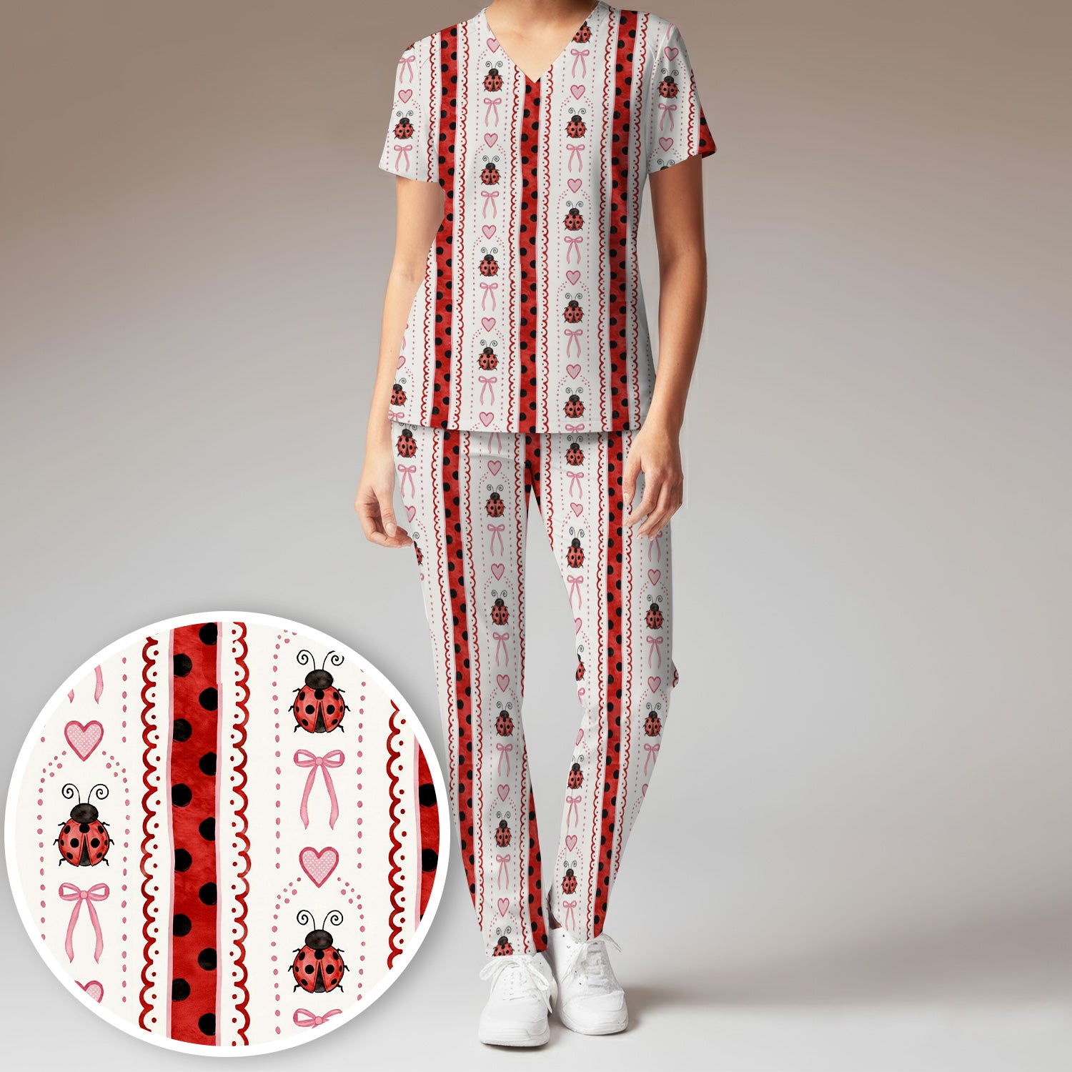 Cute Ladybug Heart Bow Stripe Pattern Scrub Set, Red Polka Dot Scrub Pants and V Neck Top