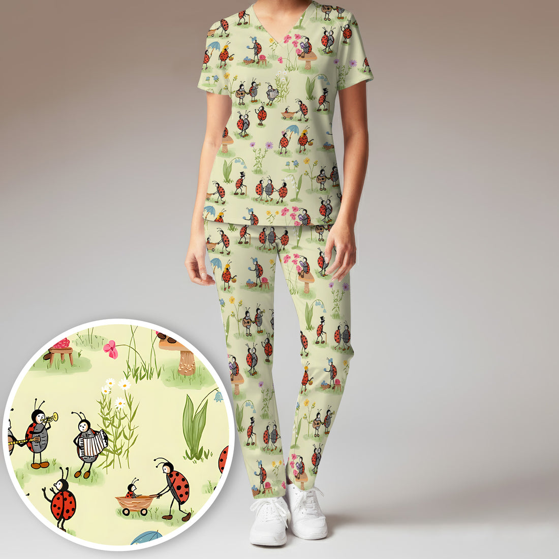 Whimsical Ladybug Garden Activity Pattern Scrub Set, Scrub Pants and V Neck Top