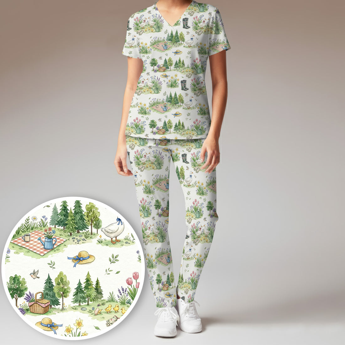 Cute Duck Garden Pattern Scrub Set, Spring Floral Countryside Scrub Pants and V Neck Top