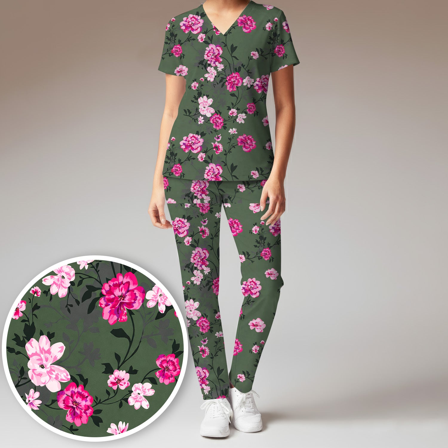 Pink Floral Blossom Pattern Scrub Set,  Scrub Pants and V Neck Top