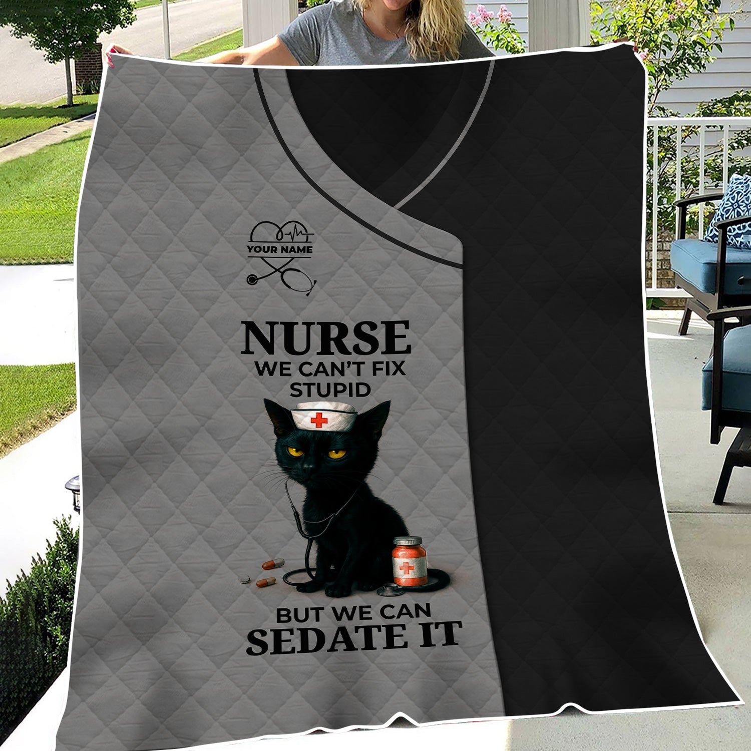 Personalized Funny Nurse Black Cat Blanket - Multiple Color Options Available - Custom Name Gift for RN CNA LPN Healthcare Workers