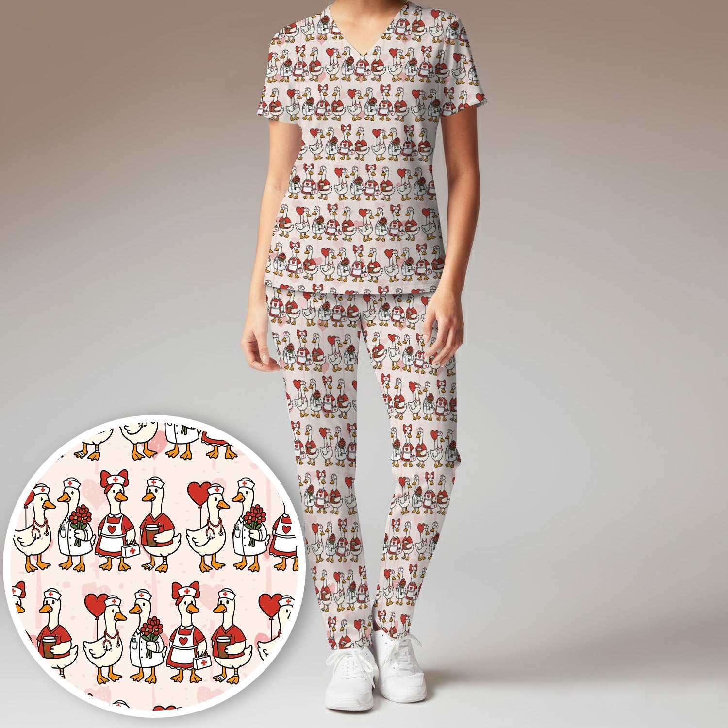 Valentine Nurse Goose with Heart Pattern Scrub Set, Scrub Pants and V Neck Top