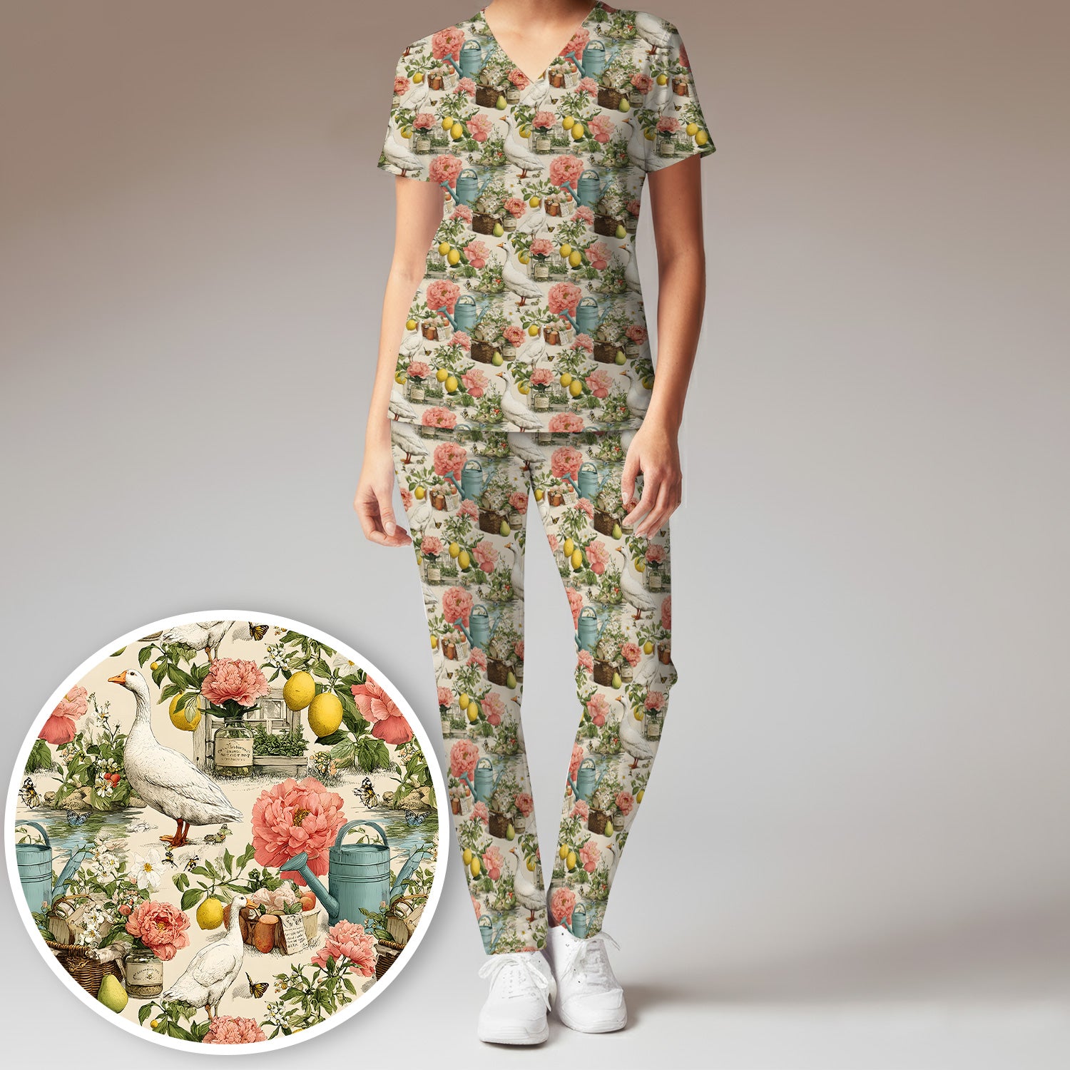 Vintage Goose Garden Floral Pattern Scrub Set, Scrub Pants and V Neck Top