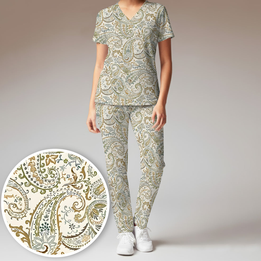 Elegant Sage Green Vintage Paisley Floral Vine Pattern Scrub Set, Scrub Pants and V Neck Top