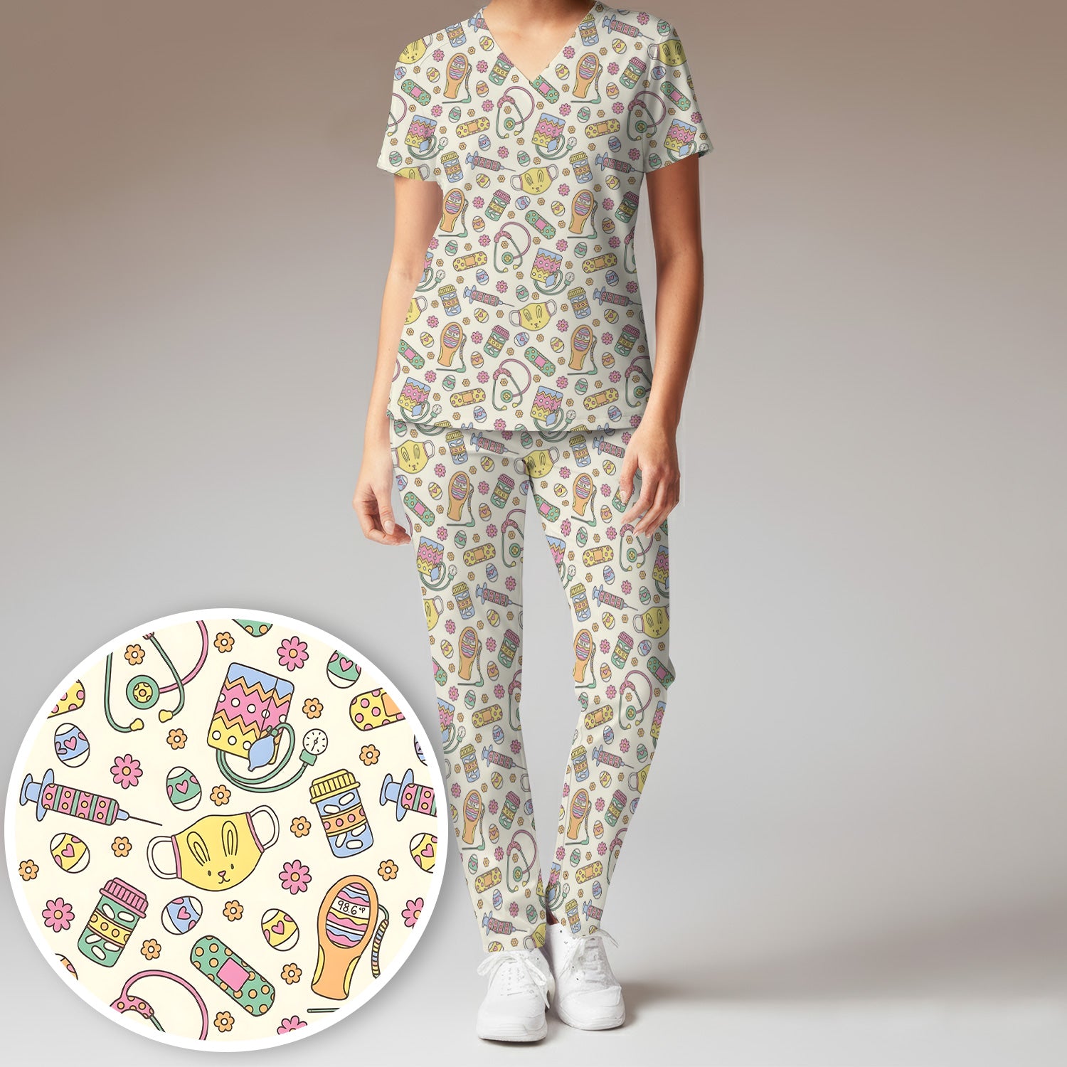 Easter Nurse Bunny Medical Pattern Scrub Set, Scrub Pants and V Neck Top