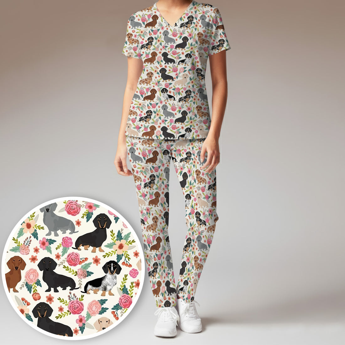 Adorable Dachshund Floral Pattern Scrub Set, Scrub Pants and V Neck Top