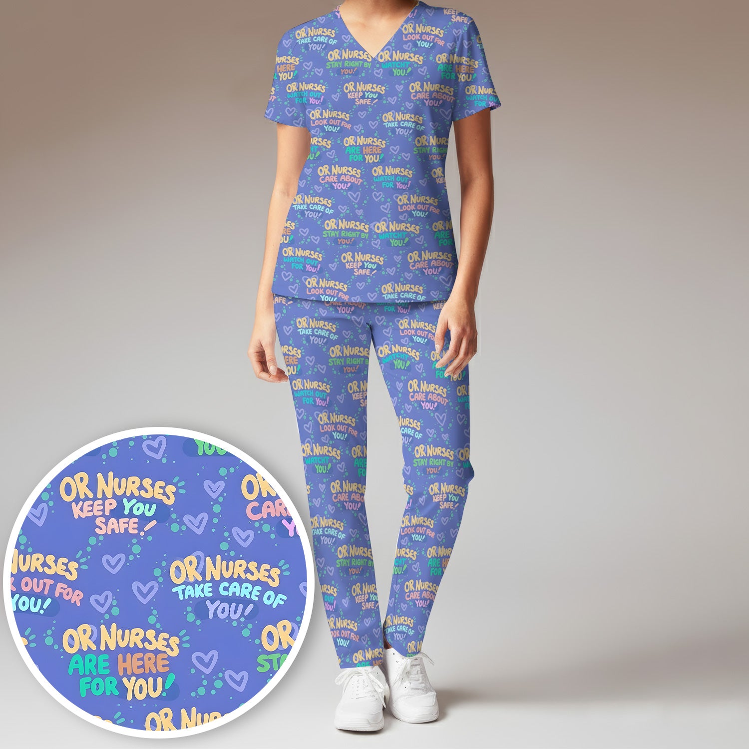 Inspirational Nurse Quote Care Message Pattern Scrub Set, Scrub Pants and V Neck Top