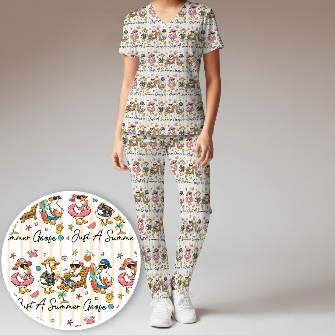 Summer Beach Goose Vacation Pattern Scrub Set, Scrub Pants and V Neck Top