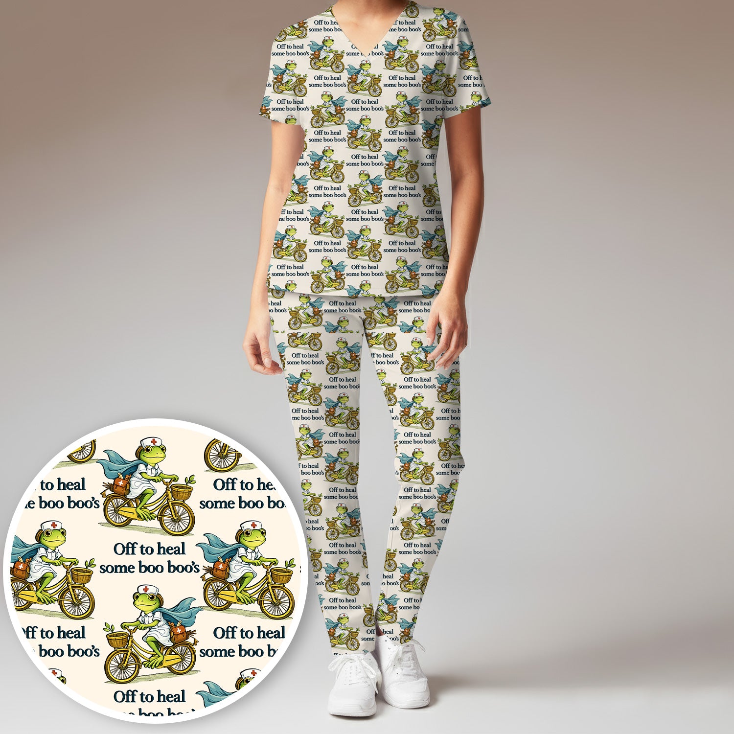 Funny Frog Nurse Cycling Pattern Scrub Set, Scrubs Pants and V Neck Top