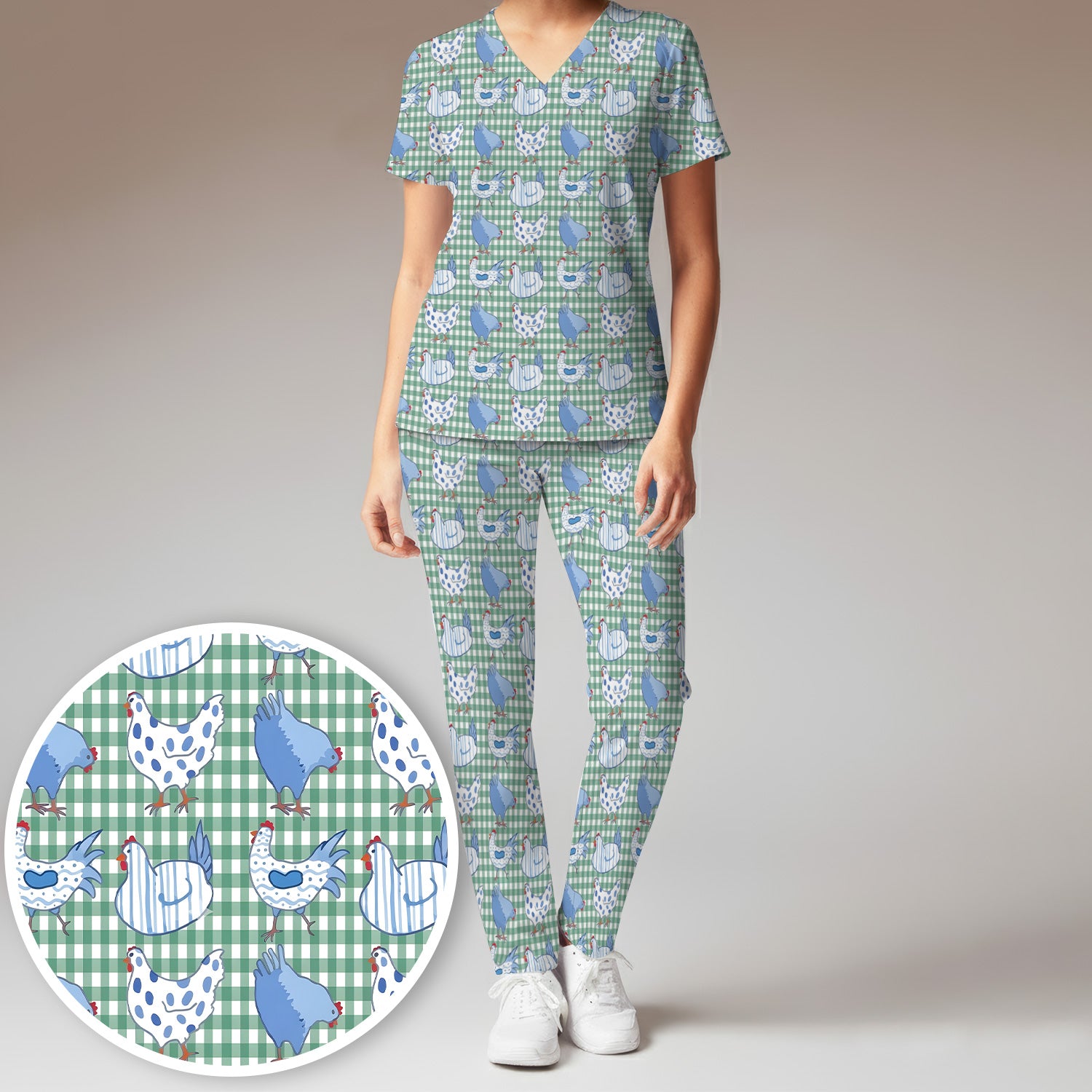 Blue Chicken Gingham Pattern Scrub Set, Scrub Pants and V Neck Top