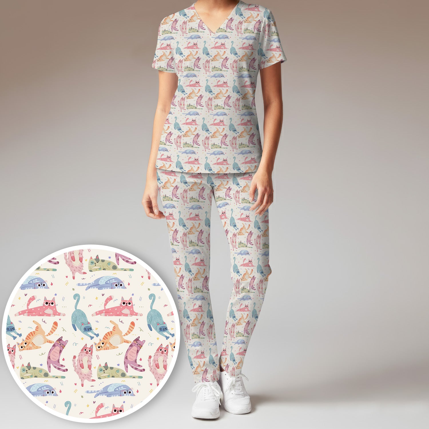 Funny Pastel Cat Pattern Medical Scrub Set, Breathable Fabrics Nursing Uniform