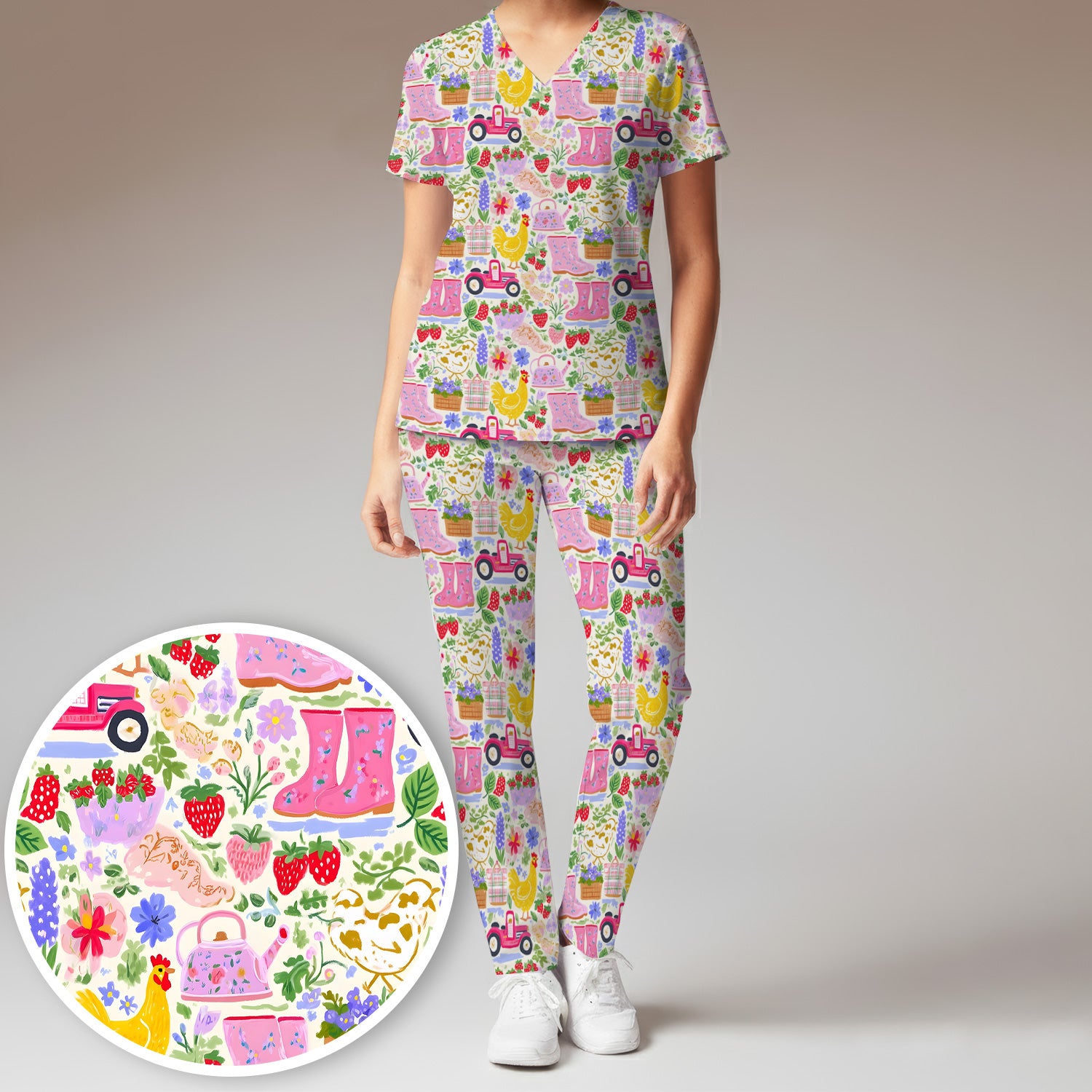 Cute Farm Garden Chicken Pattern Scrub Set, Scrub Pants and V Neck Top