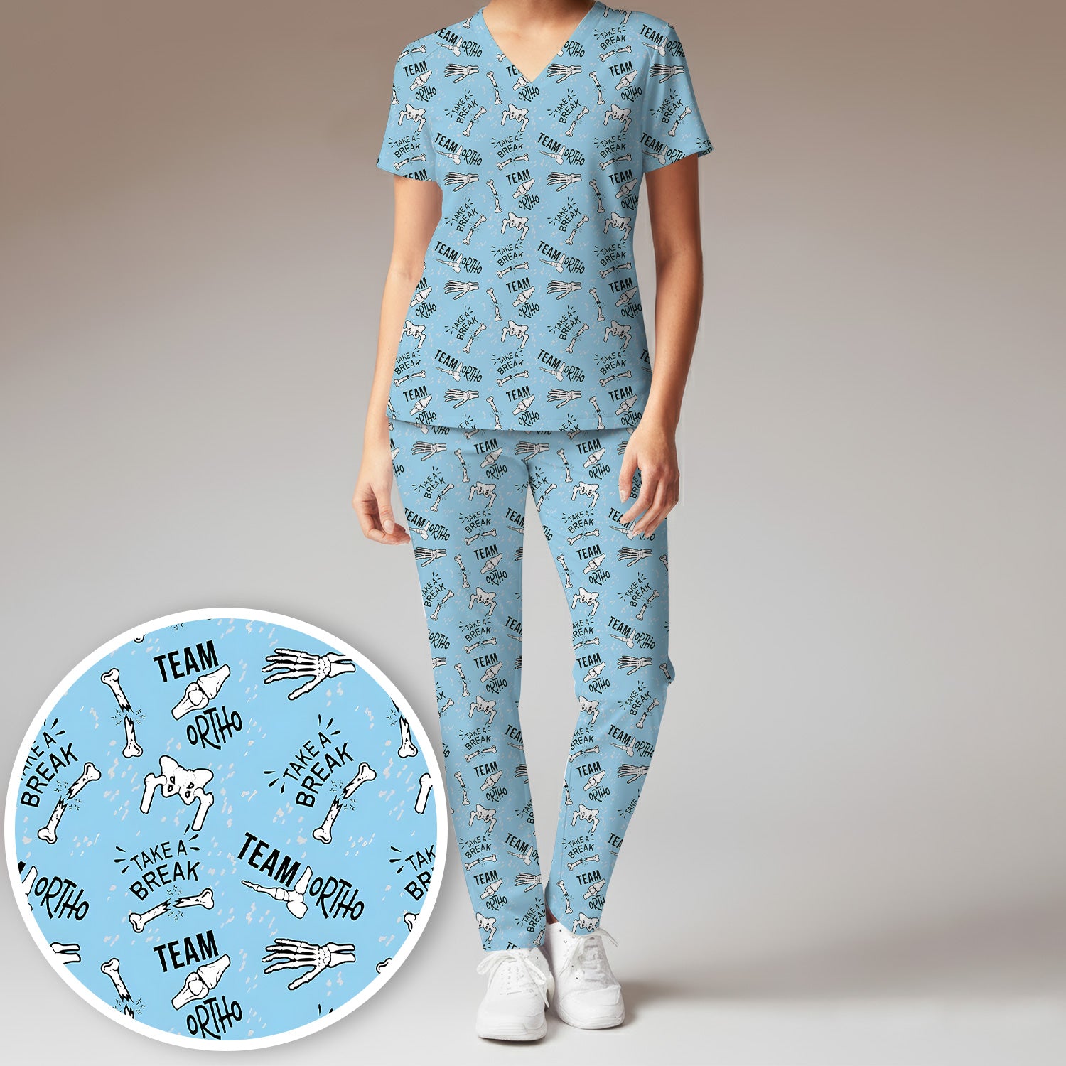 Team Ortho Bone Joint Print Scrub Set, Scrub Pants and V Neck Top