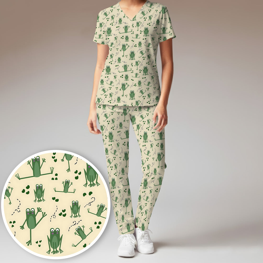 Frog Jumping Footprint Trail Pattern Scrub Set, Scrub Pants and V Neck Top