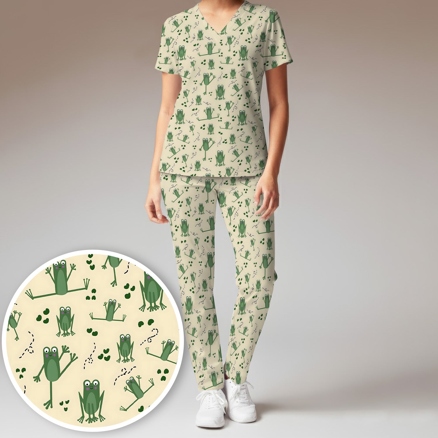 Frog Jumping Footprint Trail Pattern Scrub Set, Scrub Pants and V Neck Top