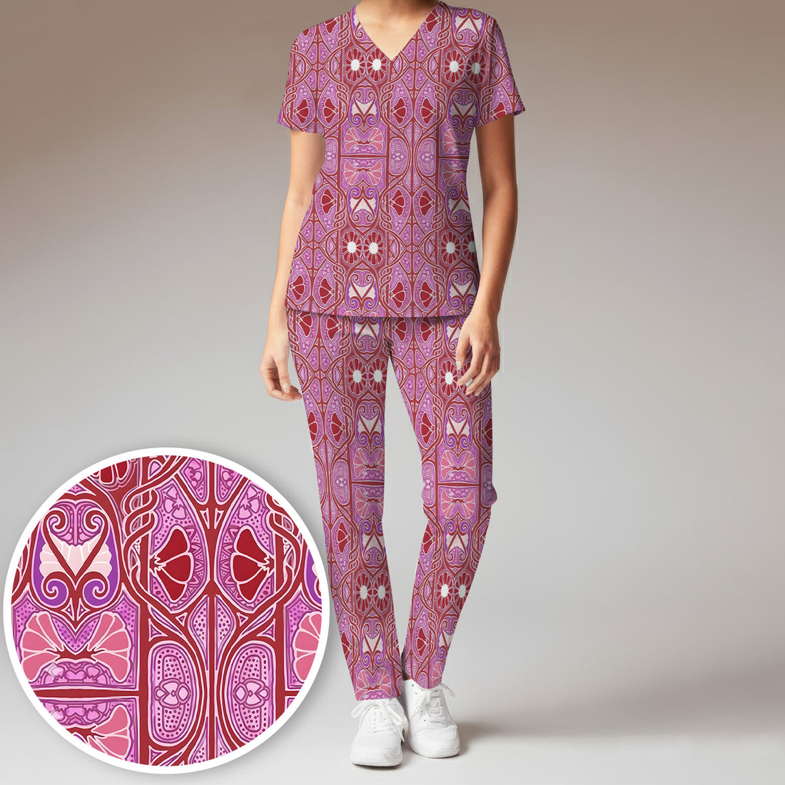 Vintage Ornamental Floral Pattern Scrub Set, Scrub Pants and V Neck Top