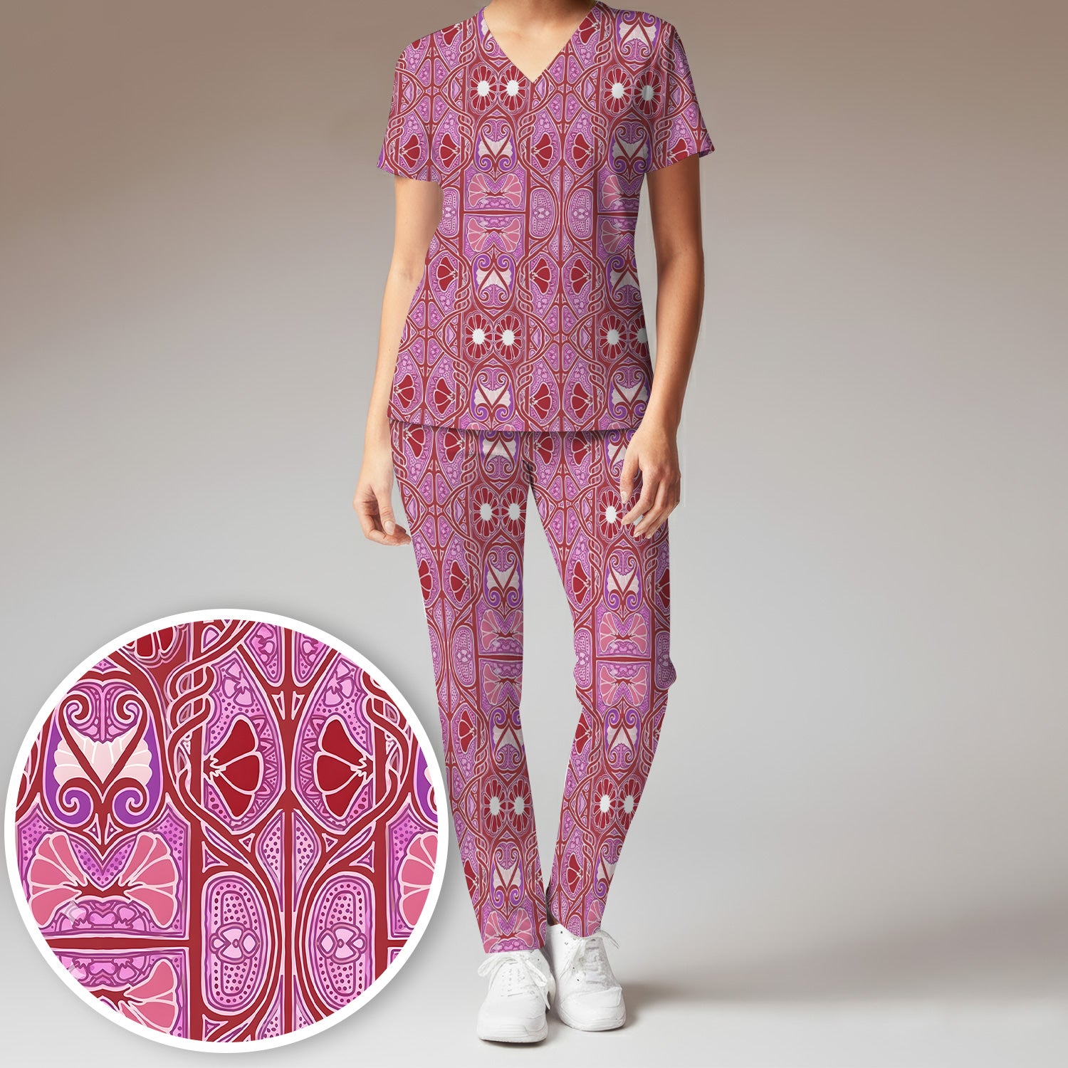 Vintage Ornamental Floral Pattern Scrub Set, Scrub Pants and V Neck Top