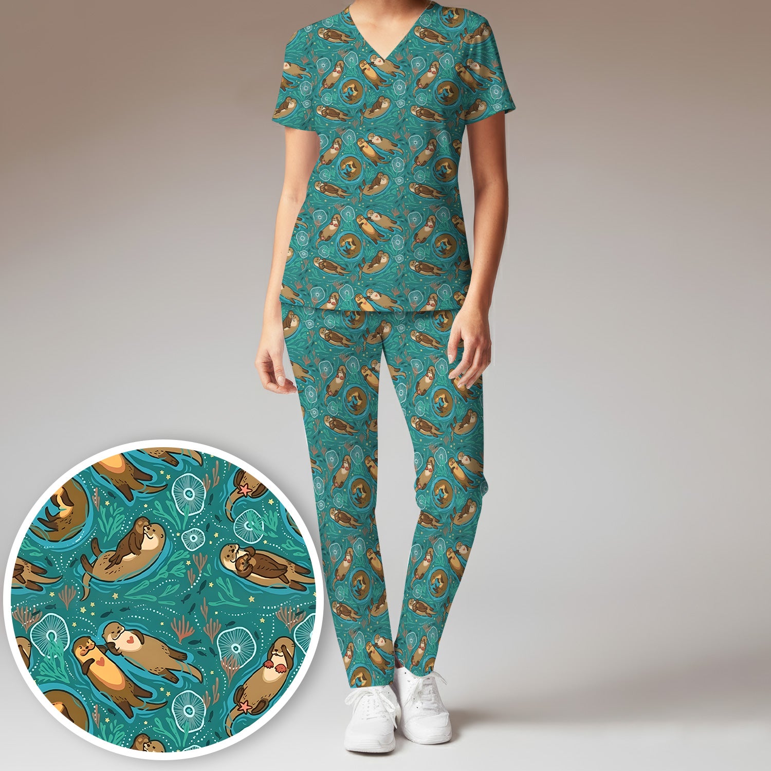 Sea Otter Floating Ocean Pattern Scrub Set, Scrub Pants and V Neck Top