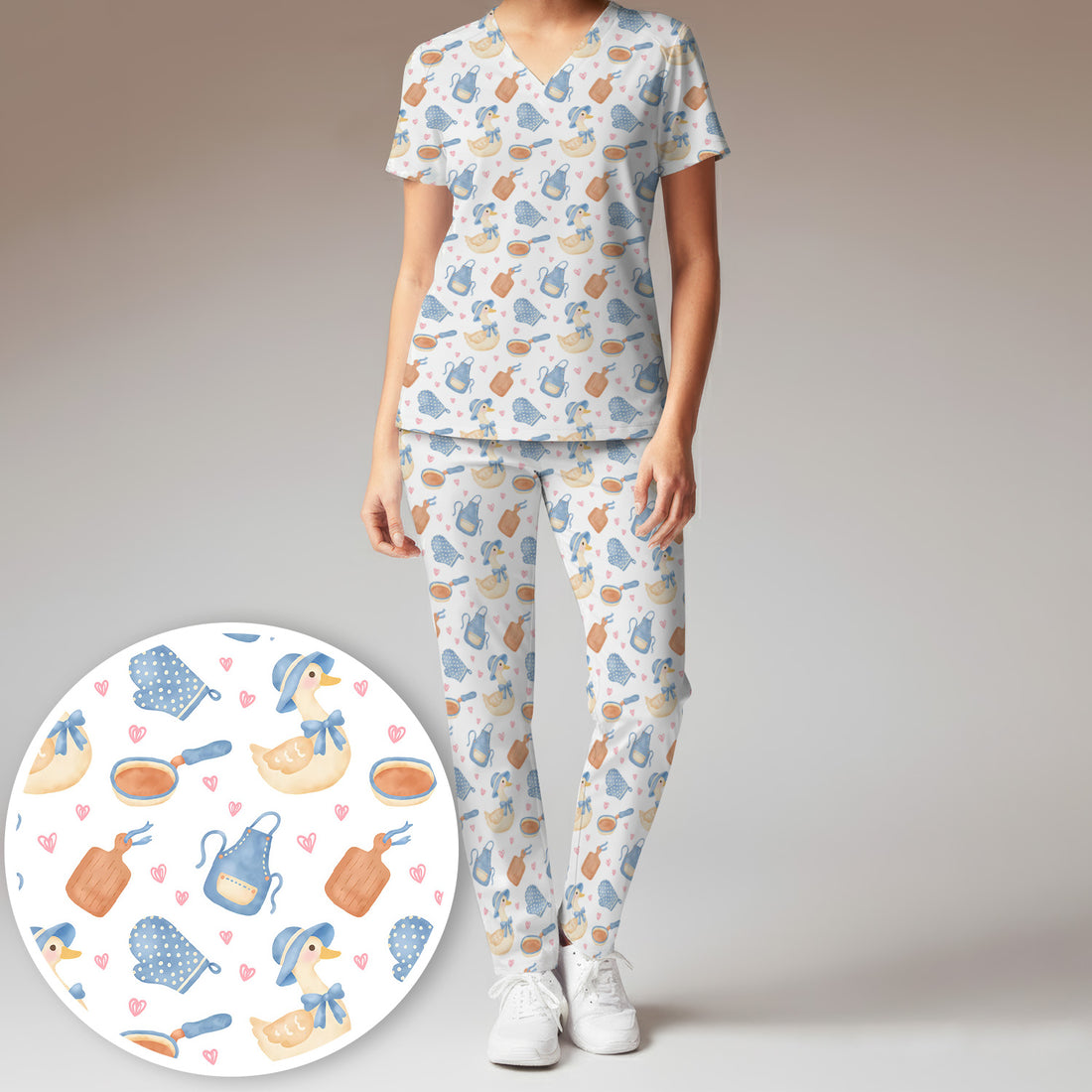 Duck Apron Kitchen Utensil Heart Pattern Scrub Set, Scrub Pants and V Neck Top
