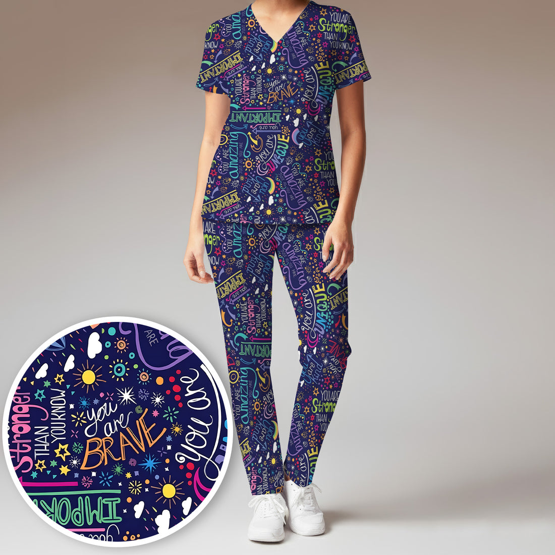 Inspirational Quote Pattern Scrub Set, Scrub Pants and V Neck Top