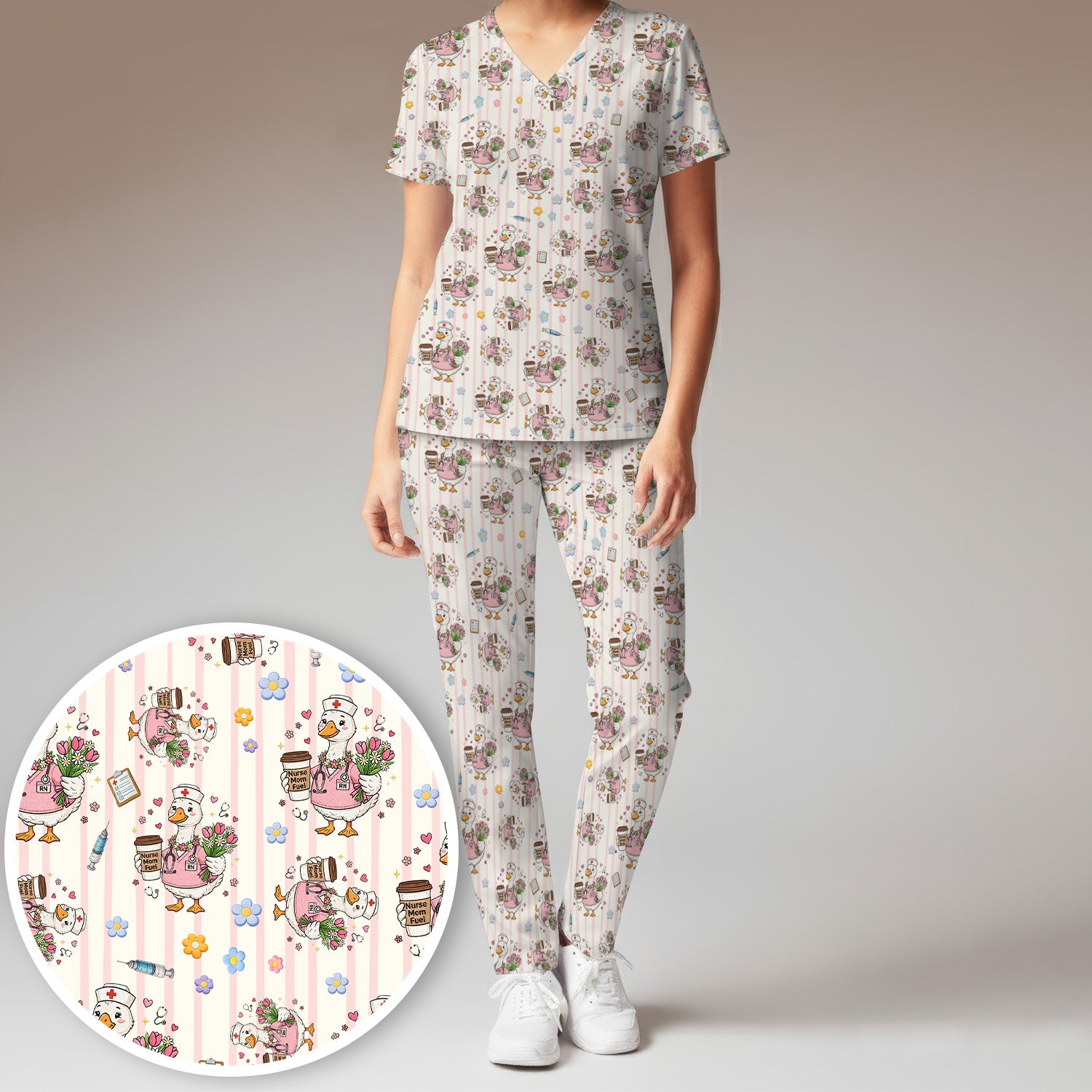 Cartoon Nurse Goose Pattern Scrub Set, Scrub Pants and V Neck Top