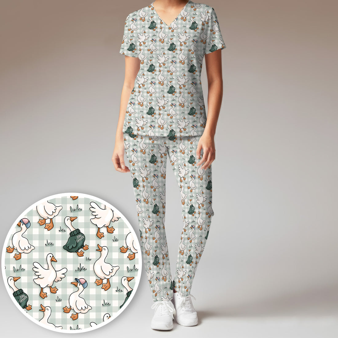 Funny Goose Wearing Sweater On Plaid Background Pattern Scrub Set, Scrub Pants and V Neck Top