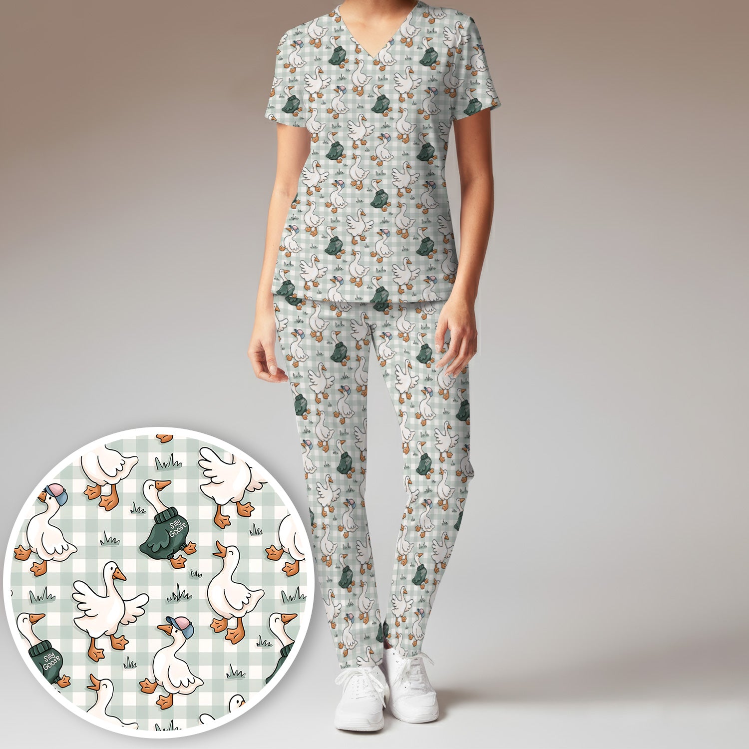Funny Goose Wearing Sweater On Plaid Background Pattern Scrub Set, Scrub Pants and V Neck Top