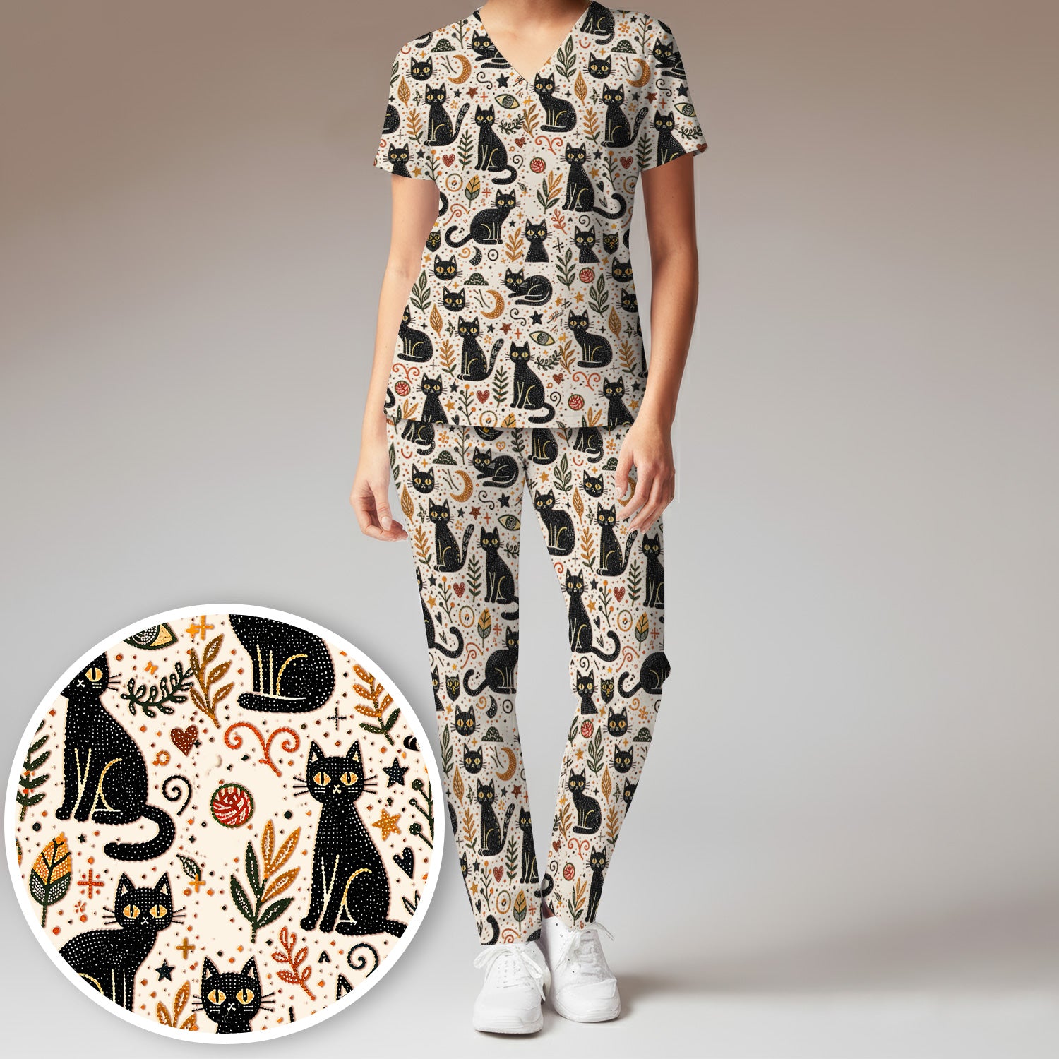 Mystic Black Cat Celestial Doodle Pattern Scrub Set, Scrub Pants and V Neck Top