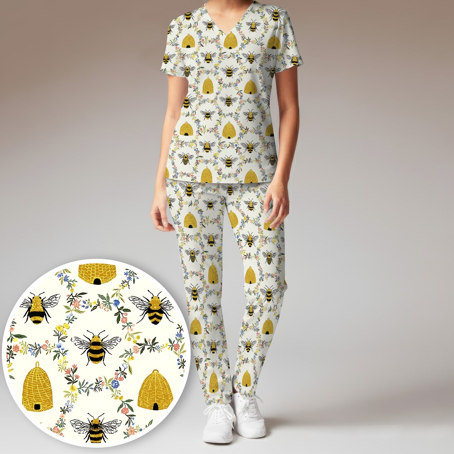 Honey Bee Beehive Floral Pattern Scrub Set, Scrub Pants and V Neck Top
