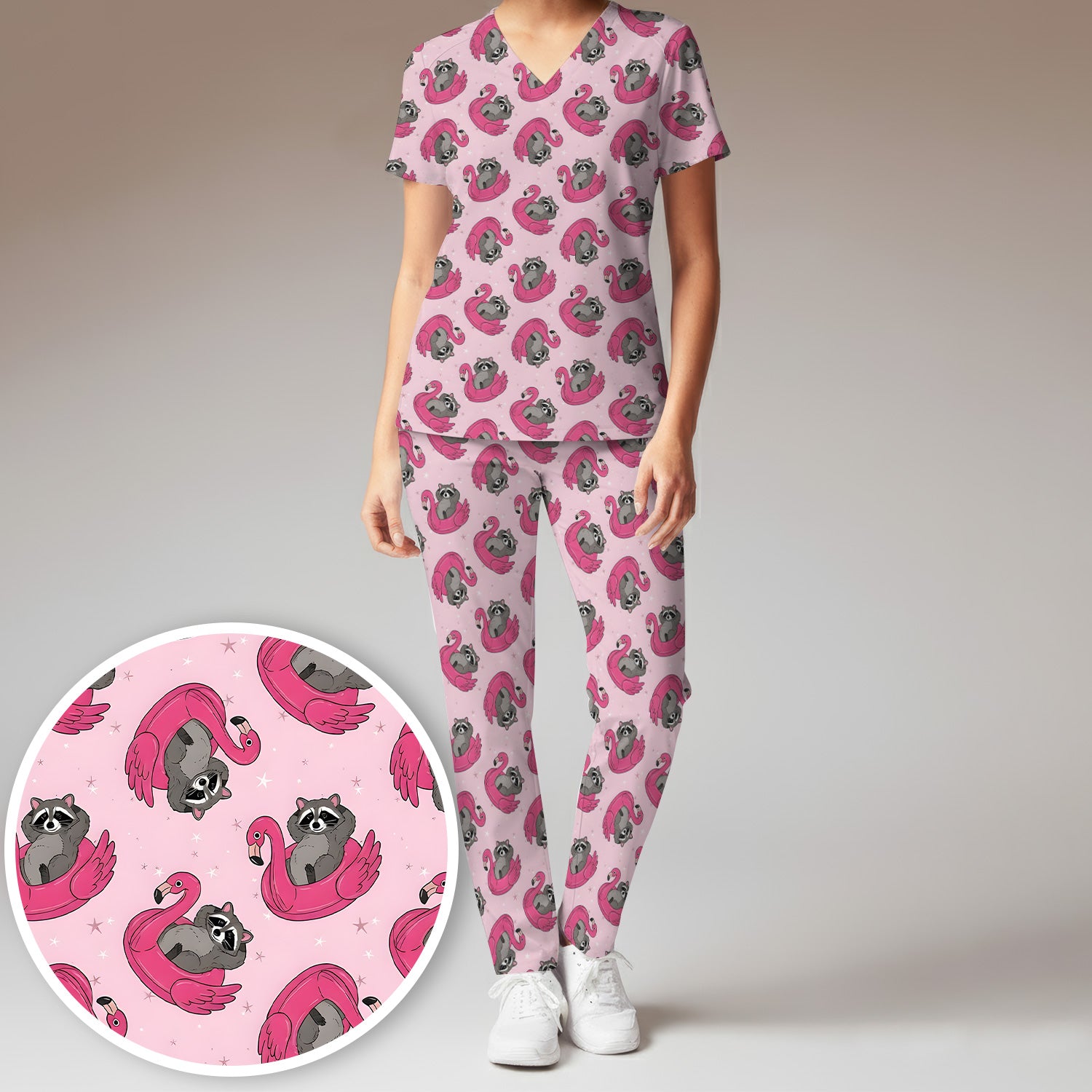 Cute Raccoon Flamingo Float Pattern Scrub Set, Scrub Pants and V Neck Top