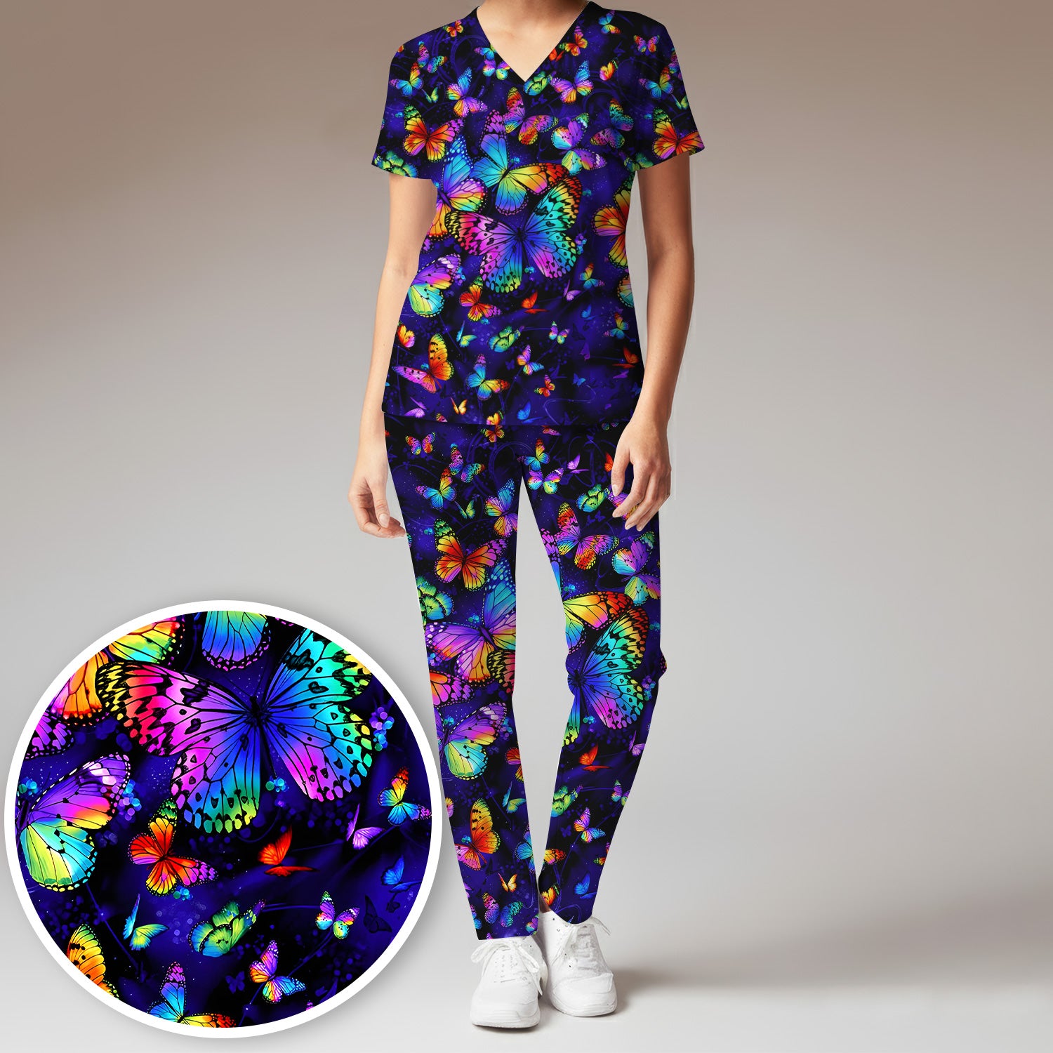 Vibrant Rainbow Butterfly Galaxy Pattern Scrub Set, Scrub Pants and V Neck Top
