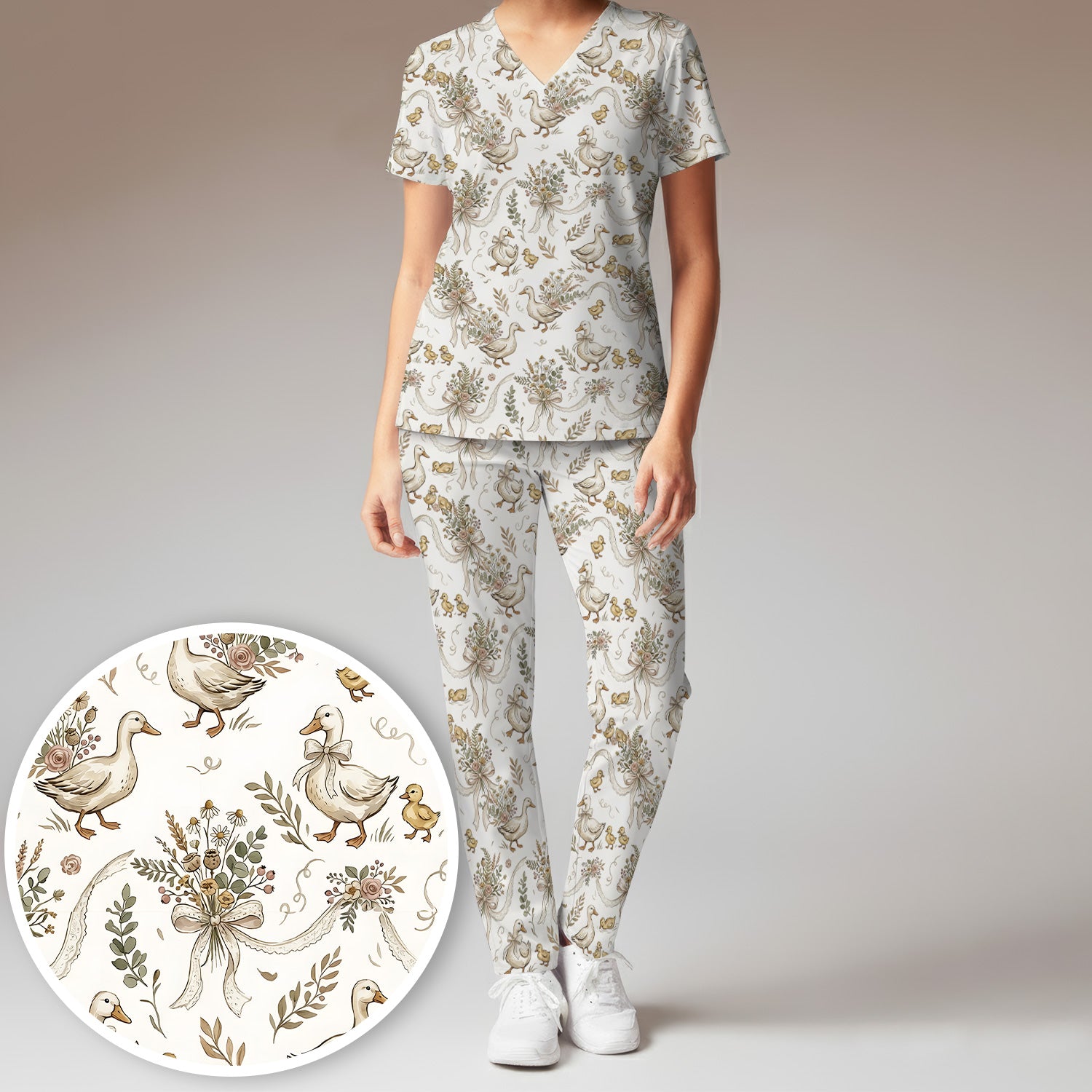 Vintage Duck Family Ribbon Floral Pattern Nurse Scrub Set, Scrub Pants and V Neck Top