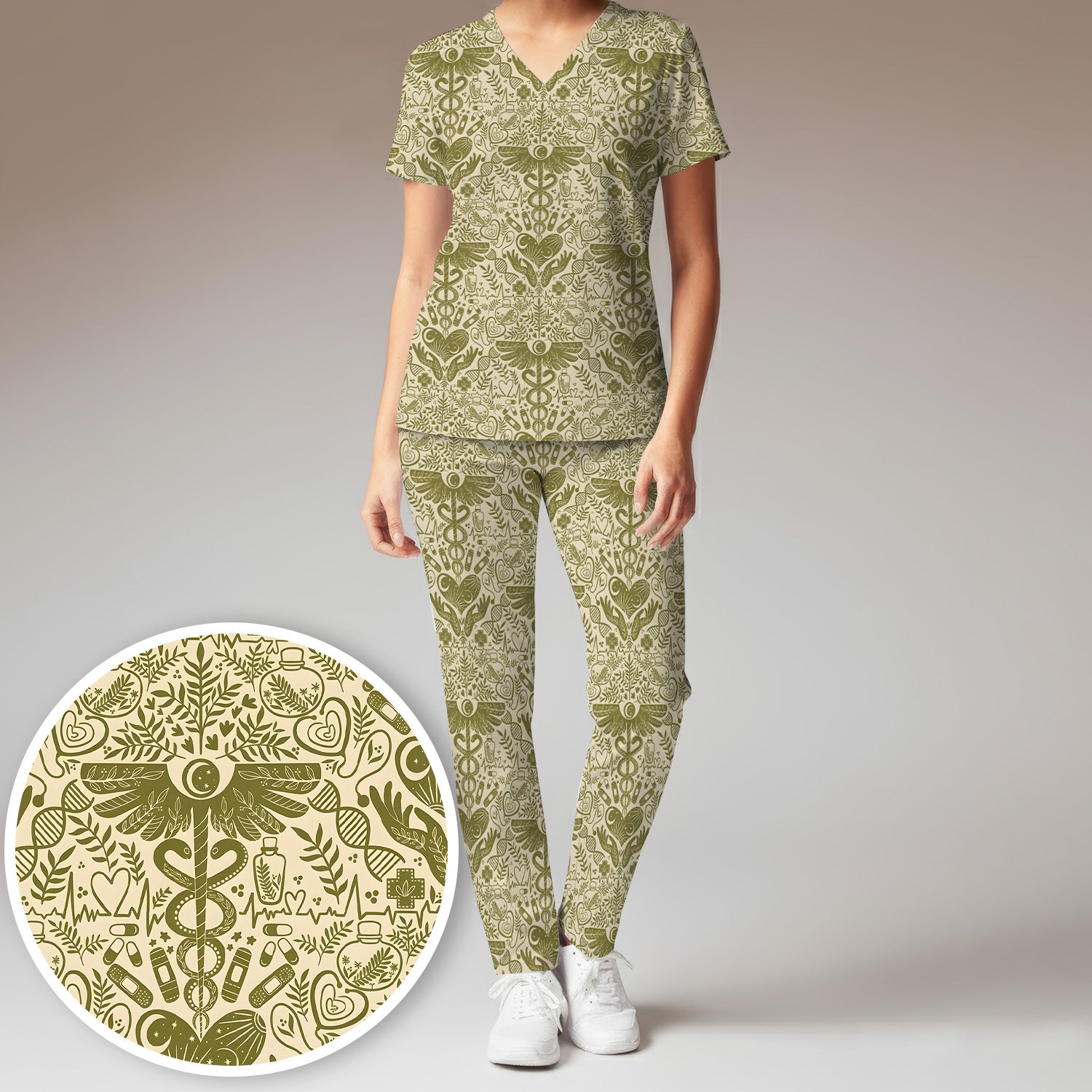Inspirational Botanical Medical Caduceus Heart Nurse Pattern Scrub Set, Breathable Med Uniform