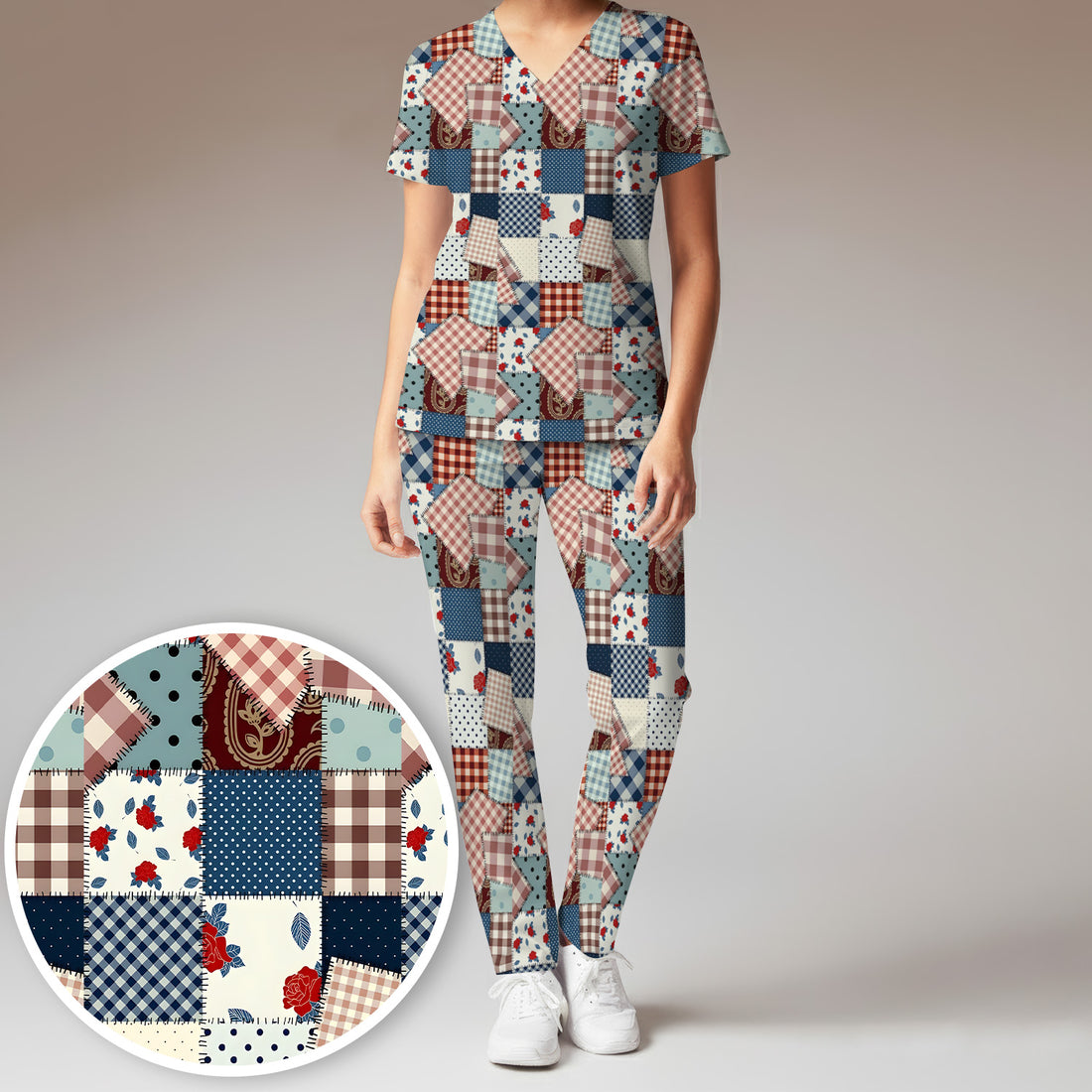Retro Patchwork Plaid Quilt Pattern Scrub Set, Scrub Pants and V Neck Top