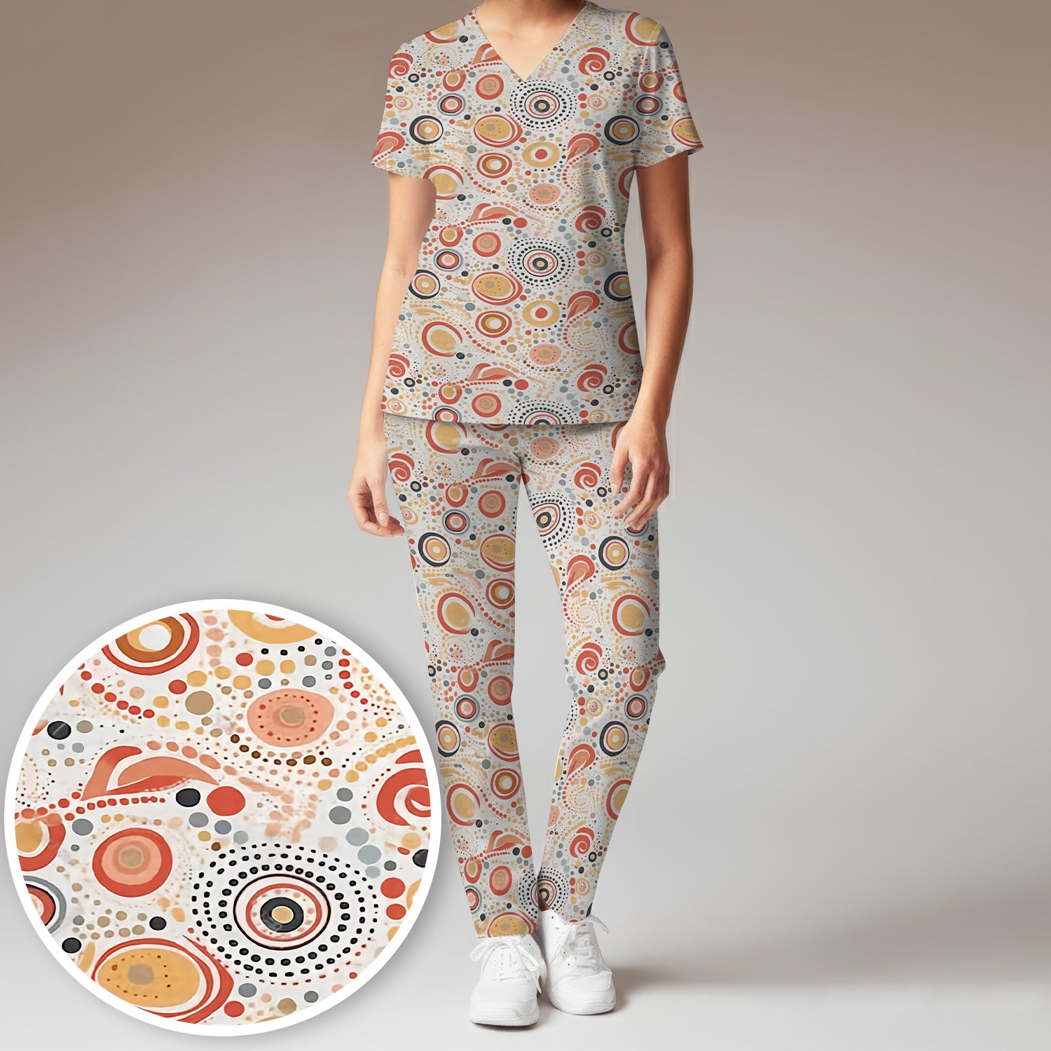 Abstract Earth Tone Dot Circle Pattern Scrub Set, Breathable Med Uniform