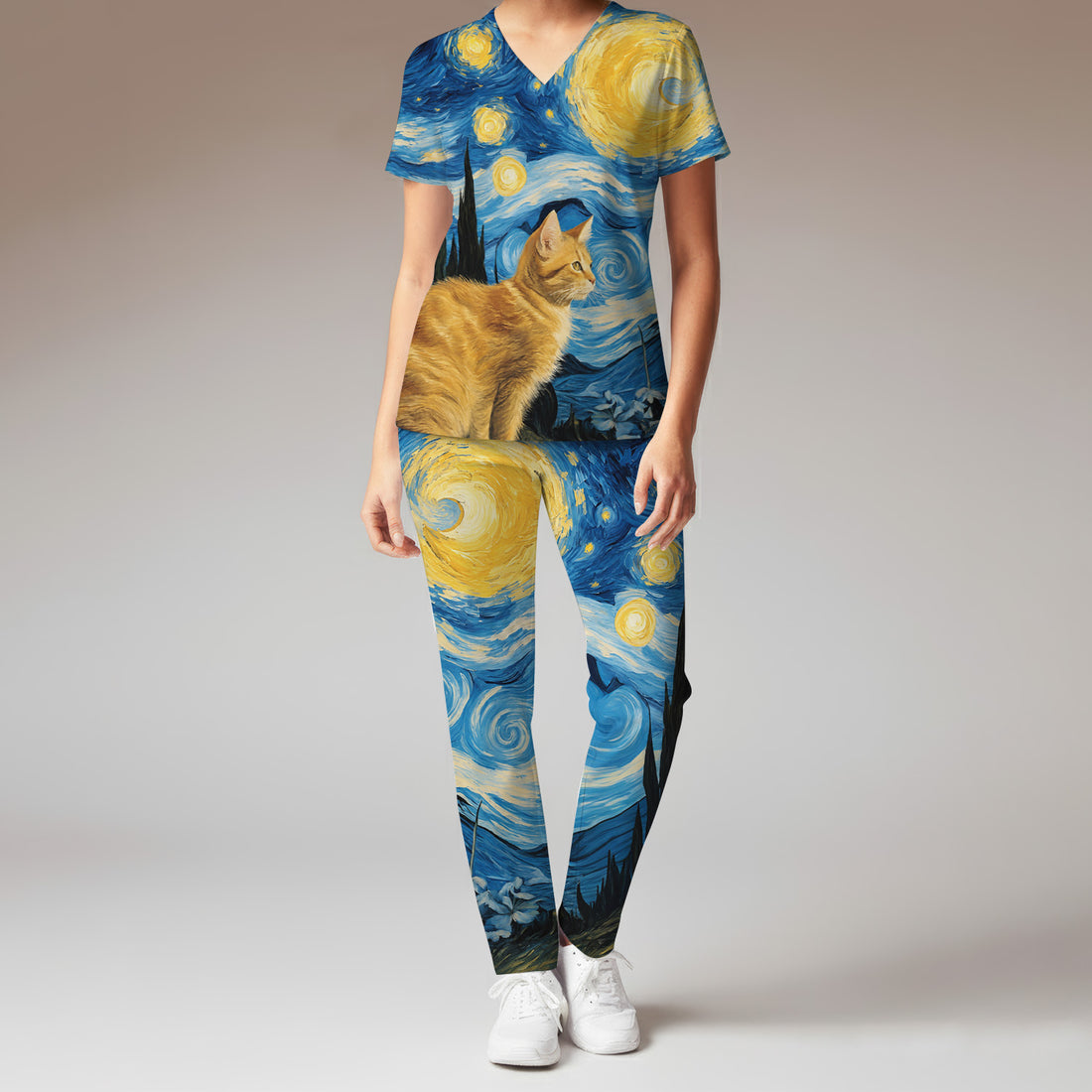 Swirling Moonlit Cat Scene Print Scrub Set, Scrub Pants and V Neck Top