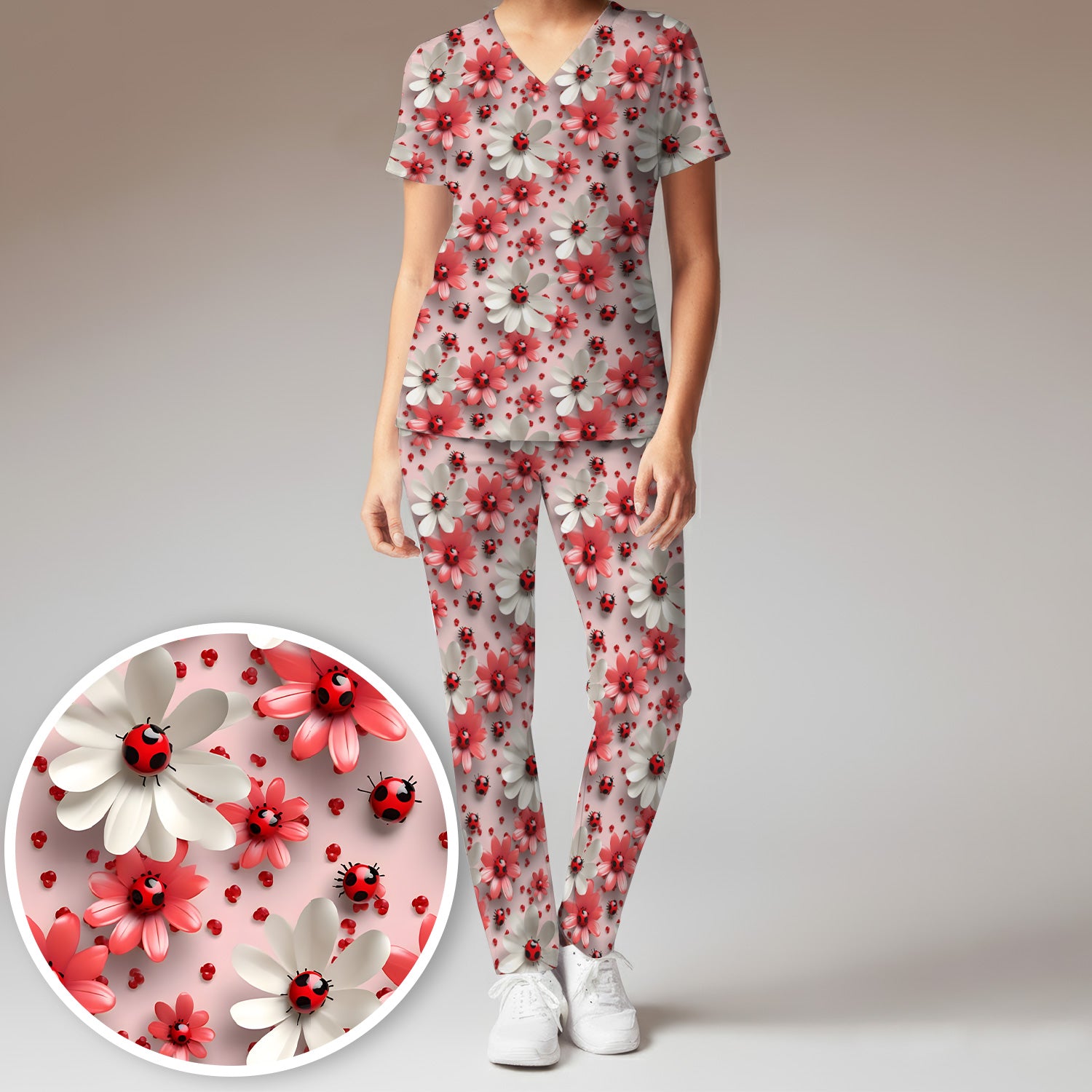 Red Ladybug Flower Pattern Scrub Set, Scrub Pants and V Neck Top