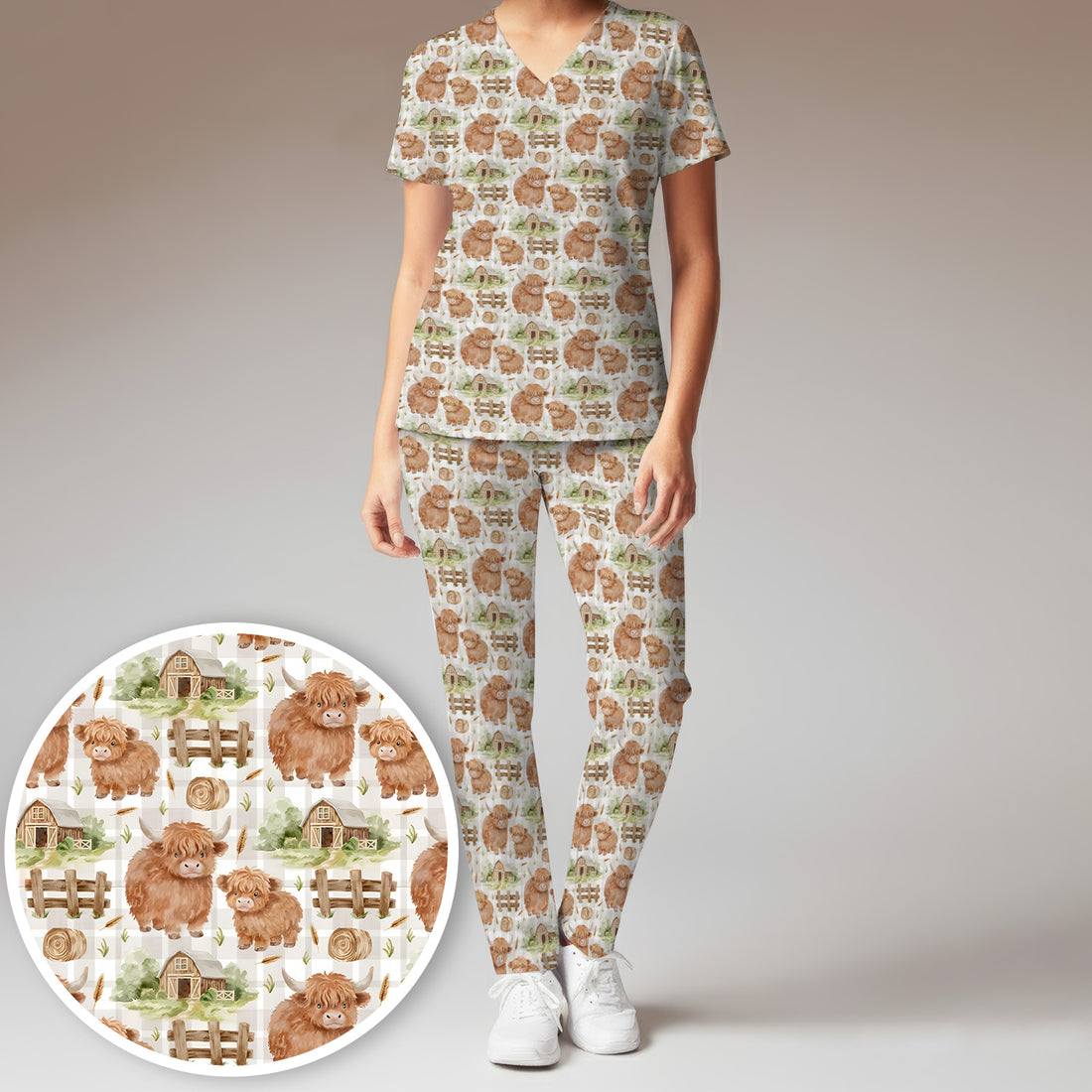 Cute Highland Cow With Farm Barn Fence Scrub Set, Scrub Pants and V Neck Top