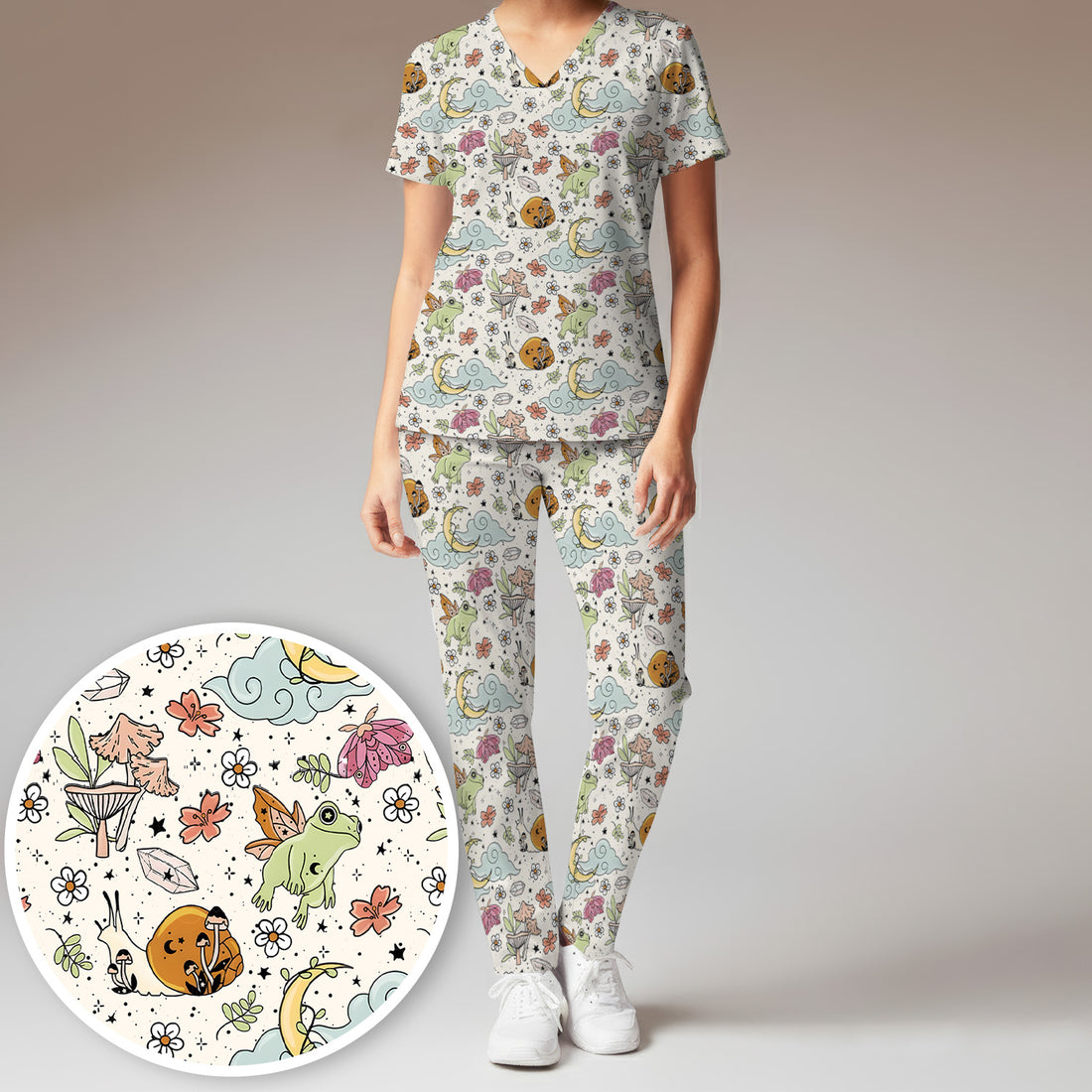 Whimsical Frog Moon Mushroom Pattern Scrub Set, Fantasy Nature Print, Breathable Med Uniform