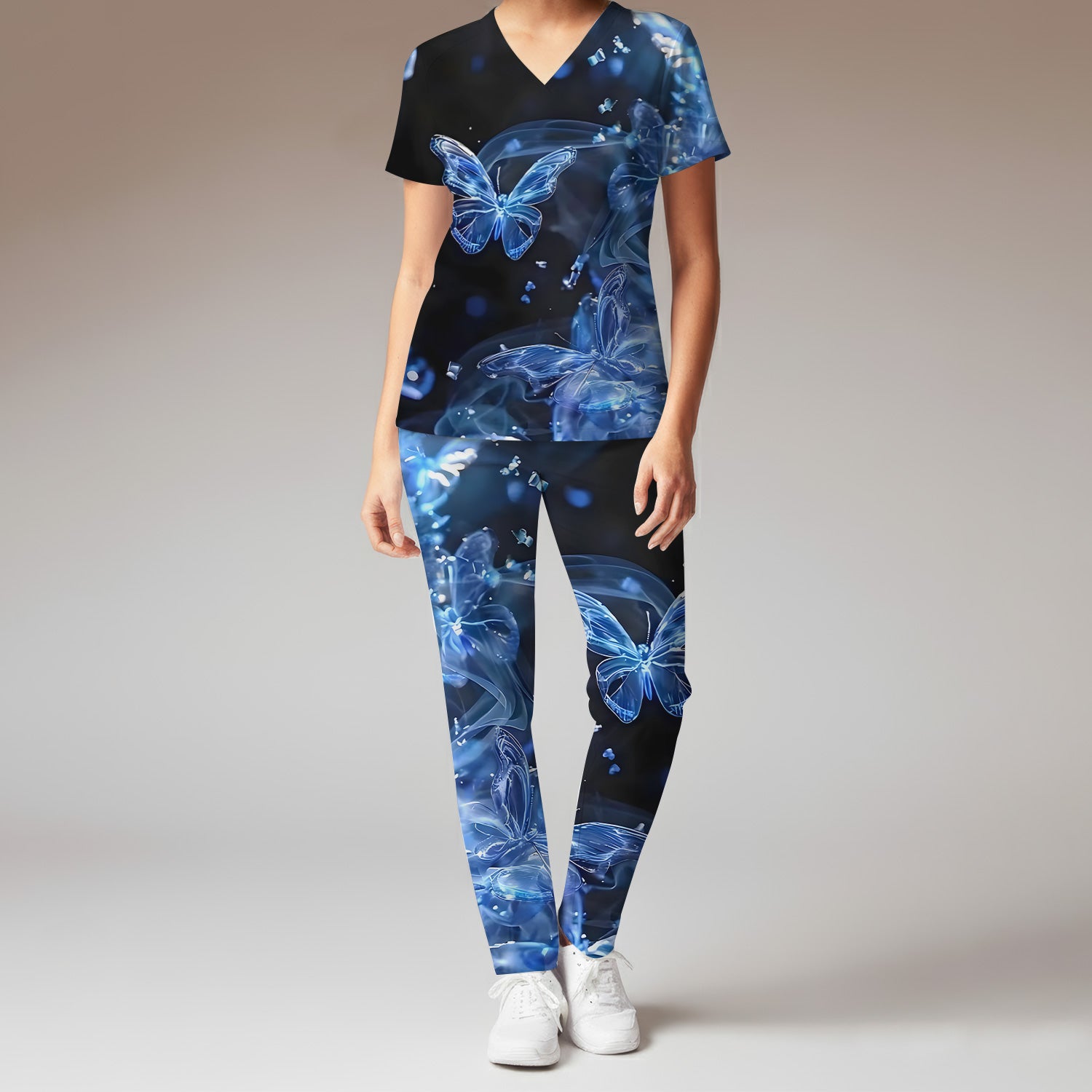 Glowing Blue Butterfly Garden Pattern Scrub Set, Scrub Pants and V Neck Top