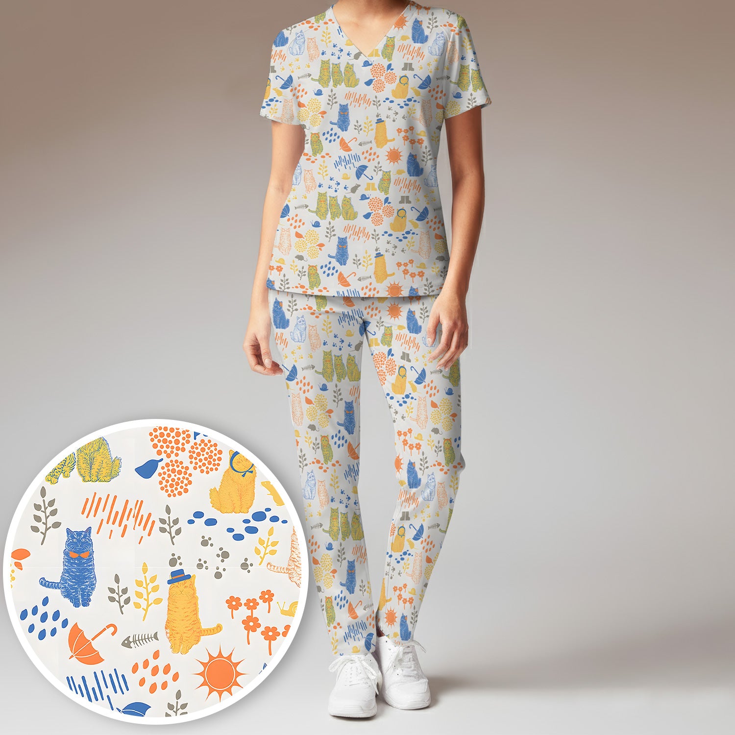 Cozy Rainy Day Cat Lover Nature Nurse Pattern Scrub Set, Scrub Pants and V Neck Top