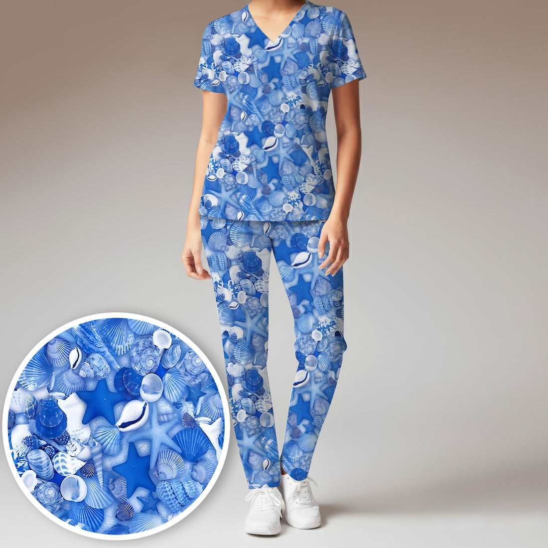 Blue Seashell Starfish Ocean Pattern Scrub Set, Scrub Pants and V Neck Top