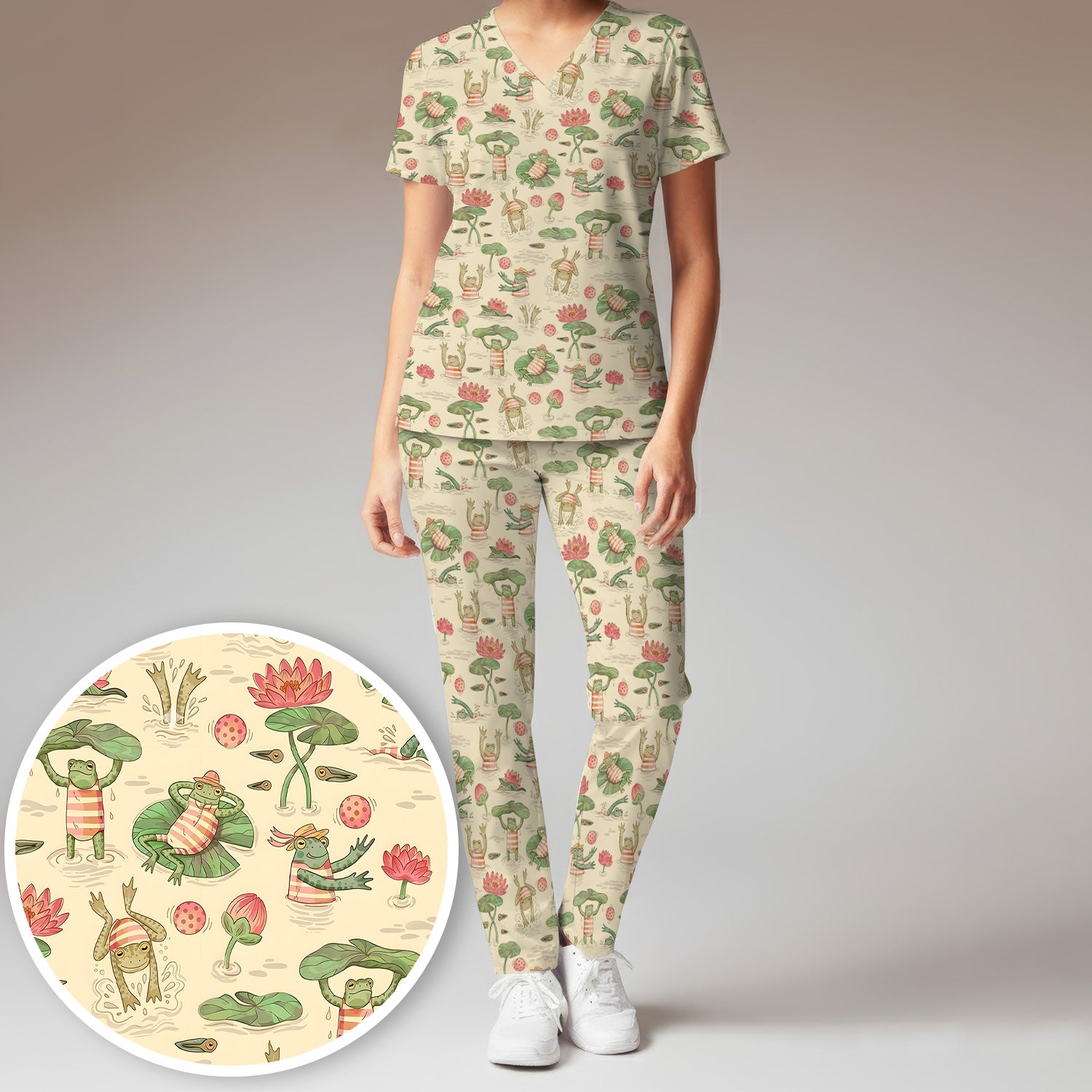 Cute Frogs Swimming Lily Pond Pattern Scrub Set, Scrub Pants and V Neck Top
