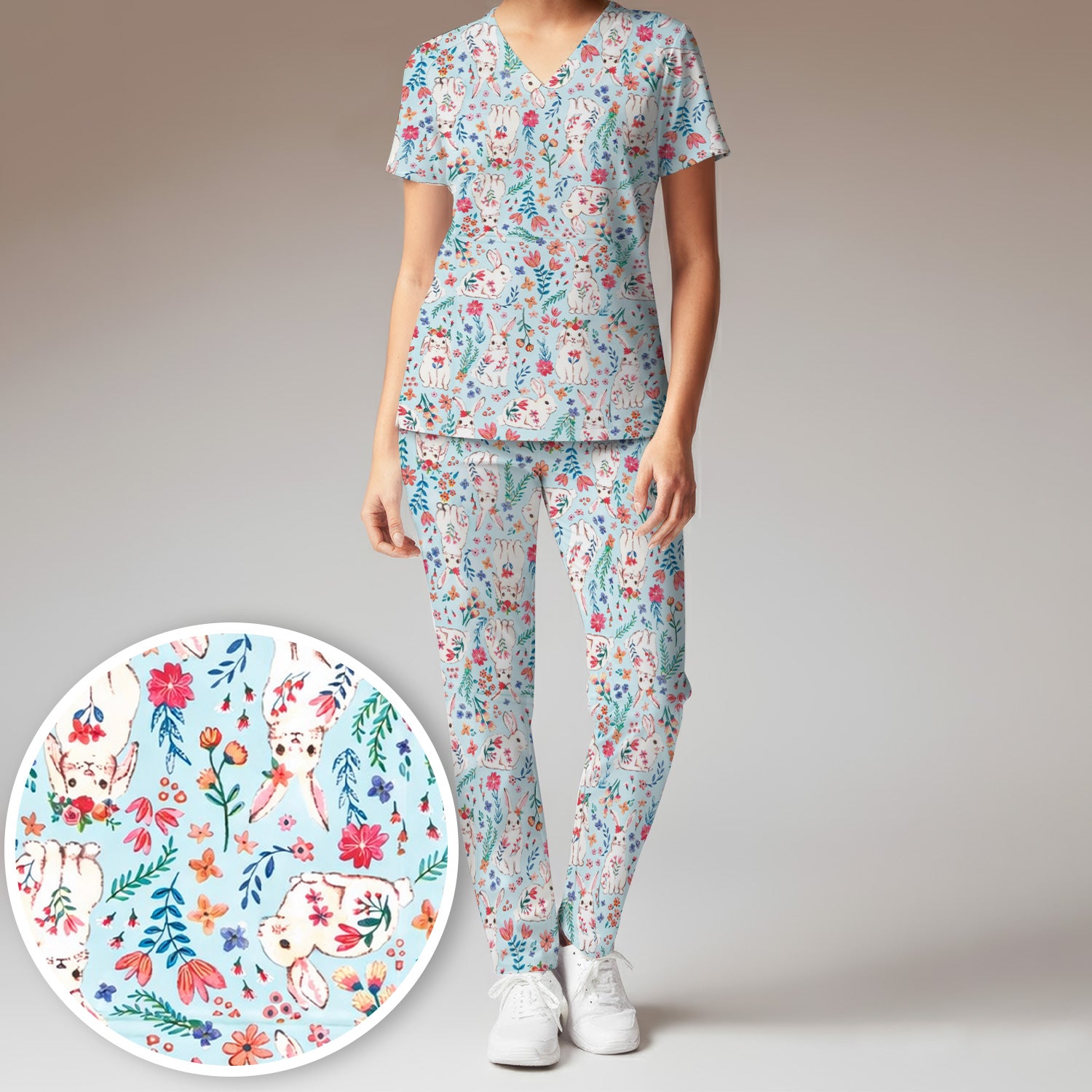 Springtime Bunny Floral Pattern Scrub Set, Scrub Pants and V Neck Top