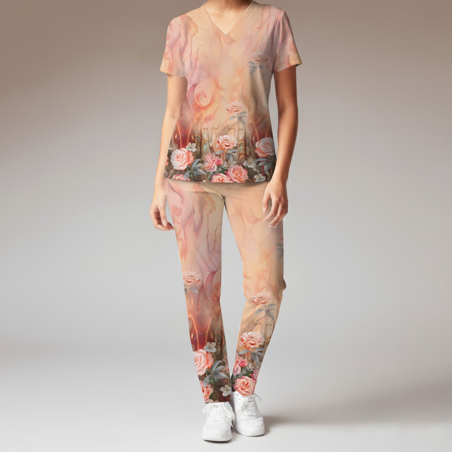 Elegant Peach Marble Rose Pattern Scrub Set, Scrub Pants and V Neck Top