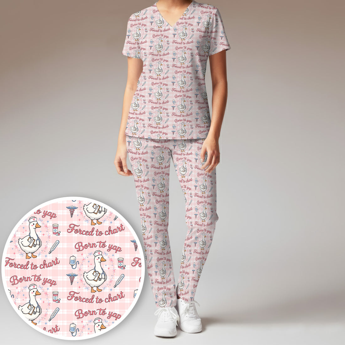 Funny Nurse Goose, Born To Yap Forced To Chart Pattern Scrub Set, Scrub Pants and V Neck Top